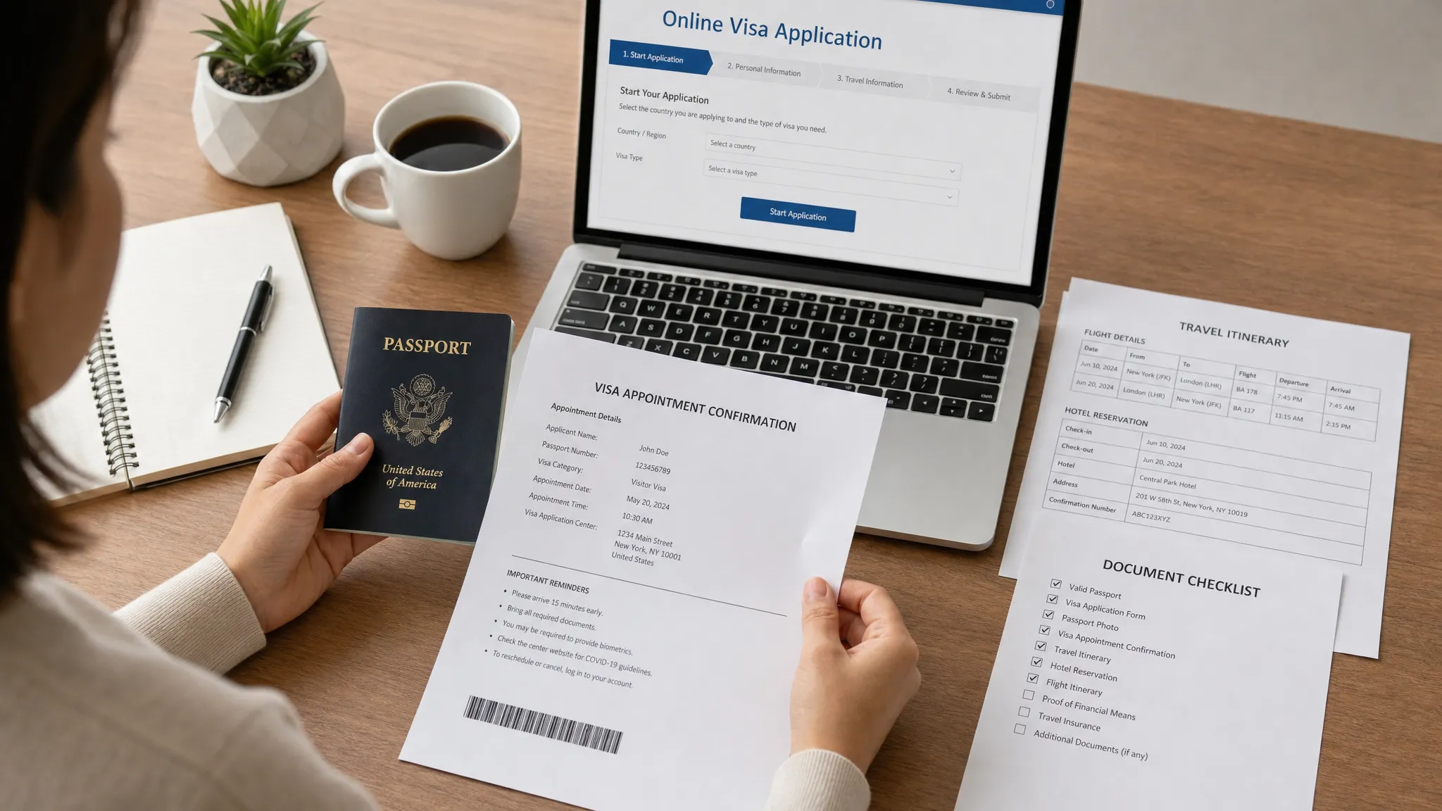 A traveler organizing a passport, printed visa appointment confirmation, travel itinerary, and document checklist on a desk before submitting an online visa application.