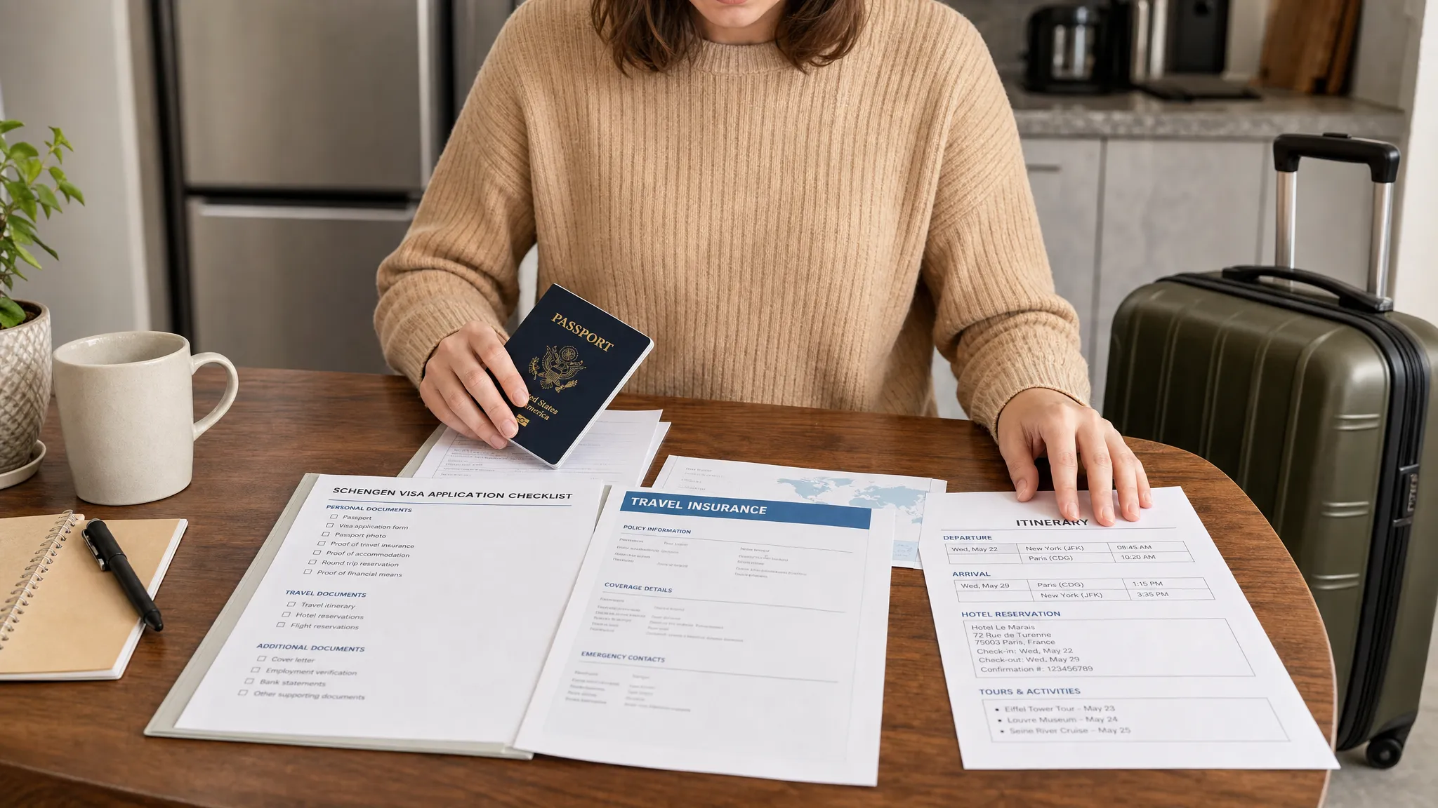 A traveler organizing a passport, Schengen visa application checklist, travel insurance document, and itinerary papers spread across a kitchen table before an international trip.