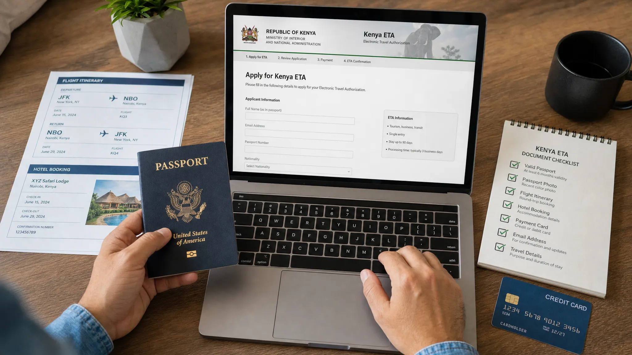A traveler preparing a Kenya online travel authorization with a passport, flight itinerary, hotel booking, payment card, and a clear document checklist arranged on a desk.
