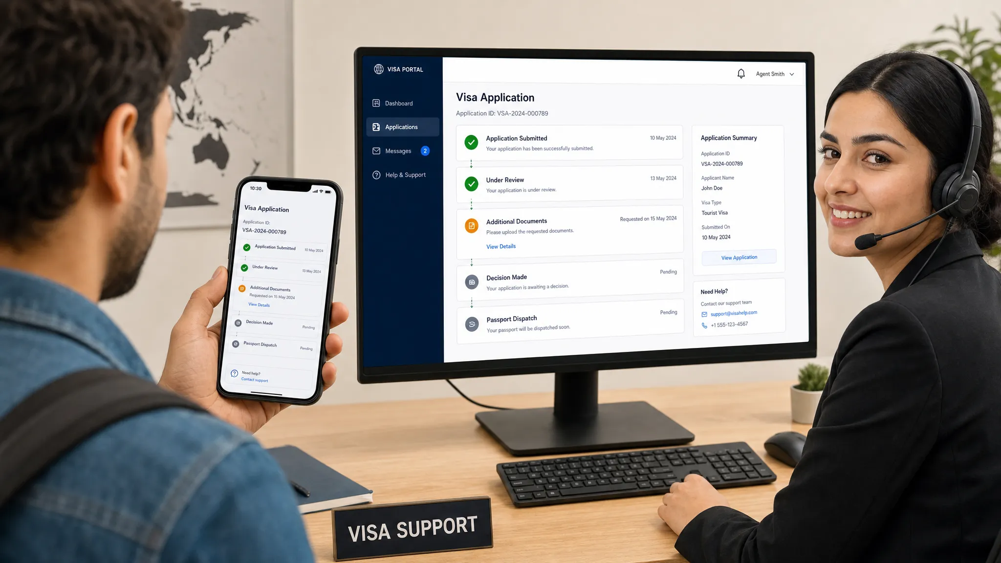 A traveler viewing a mobile booking page with visa application stages shown as clear status cards, while a support agent sees the same up-to-date information on a desktop screen facing the viewer.