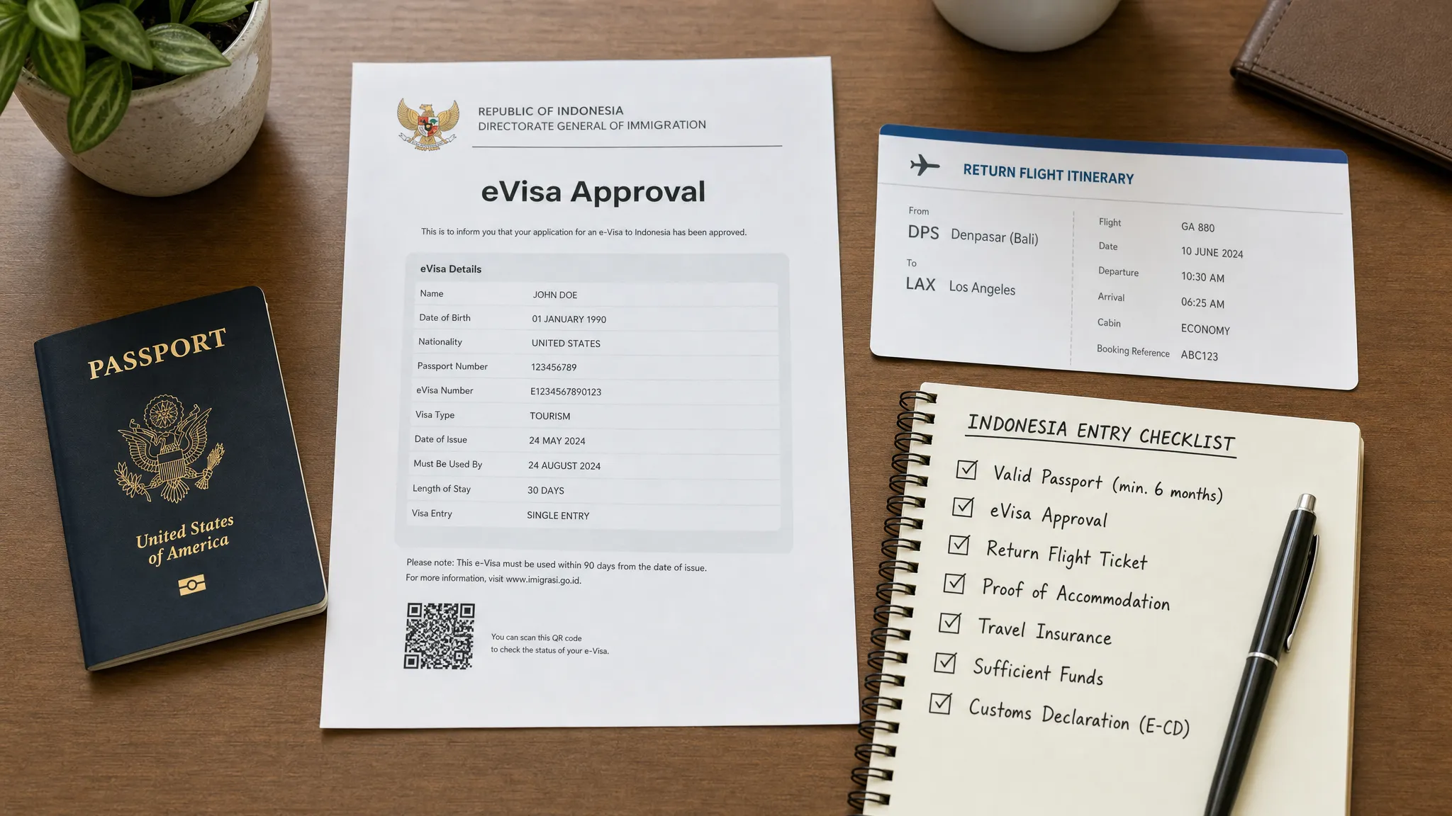 A traveler’s desk with an Indonesian eVisa approval, passport, return flight itinerary, and a neatly organized checklist for entry requirements, viewed from slightly above with the papers spread in a tidy arrangement.