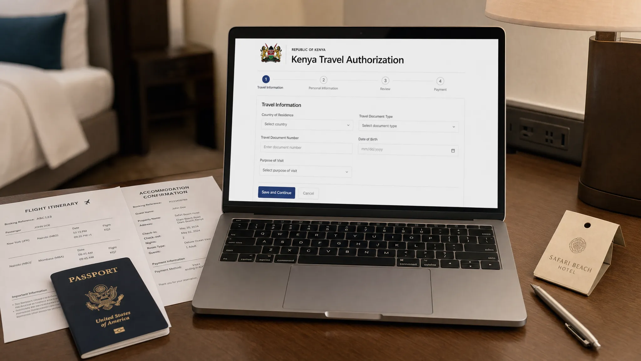 A traveler’s passport, flight itinerary, accommodation confirmation, and a laptop with the screen facing the viewer and showing a generic Kenya travel authorization form on a hotel desk beside a pen and a folded bag tag.