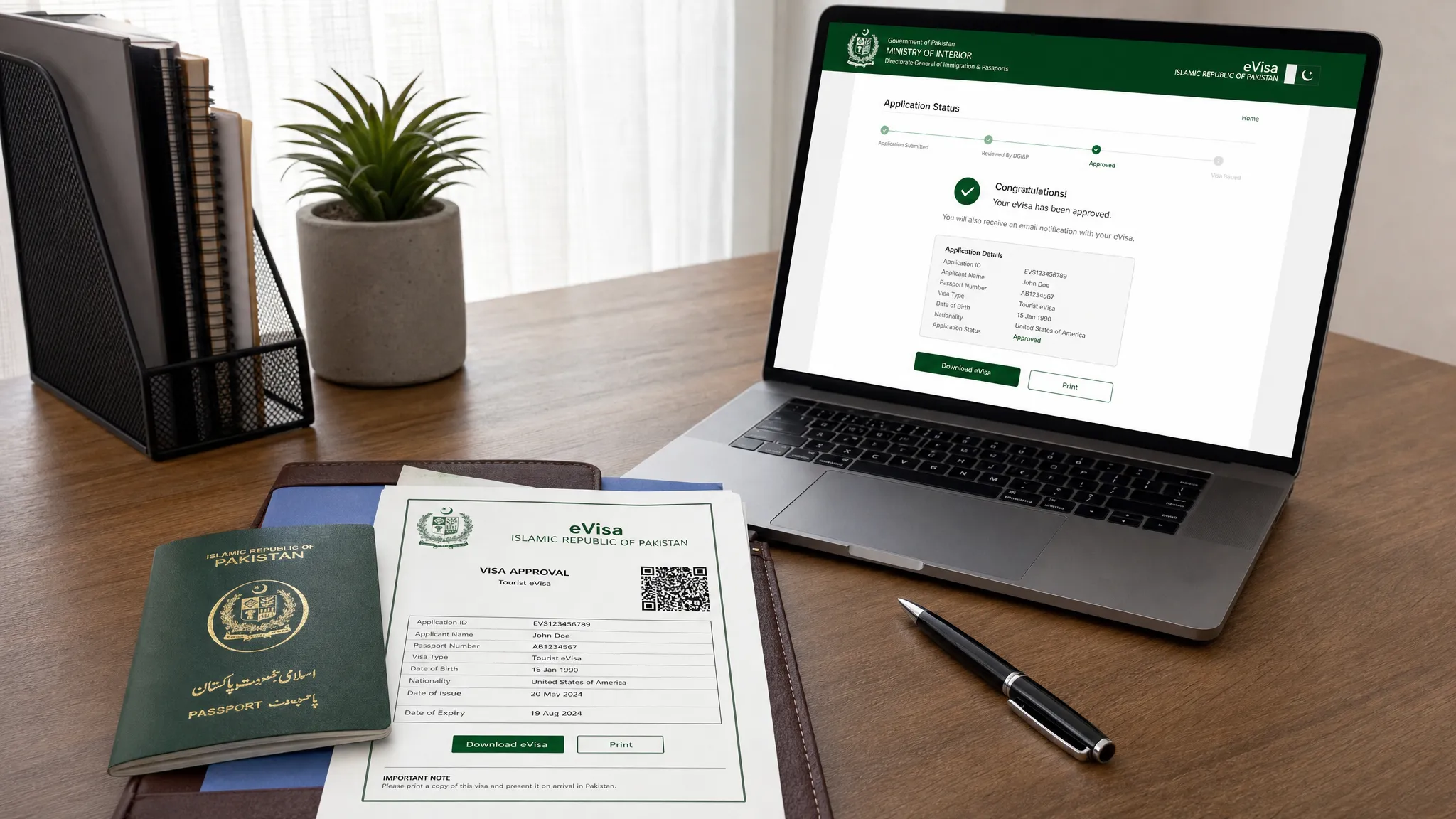 A traveler’s passport, printed Pakistan eVisa approval, and neatly organized travel documents on a desk, with a laptop nearby showing a secure online application page facing the user, all arranged beside a pen and document holder in a tidy home office.