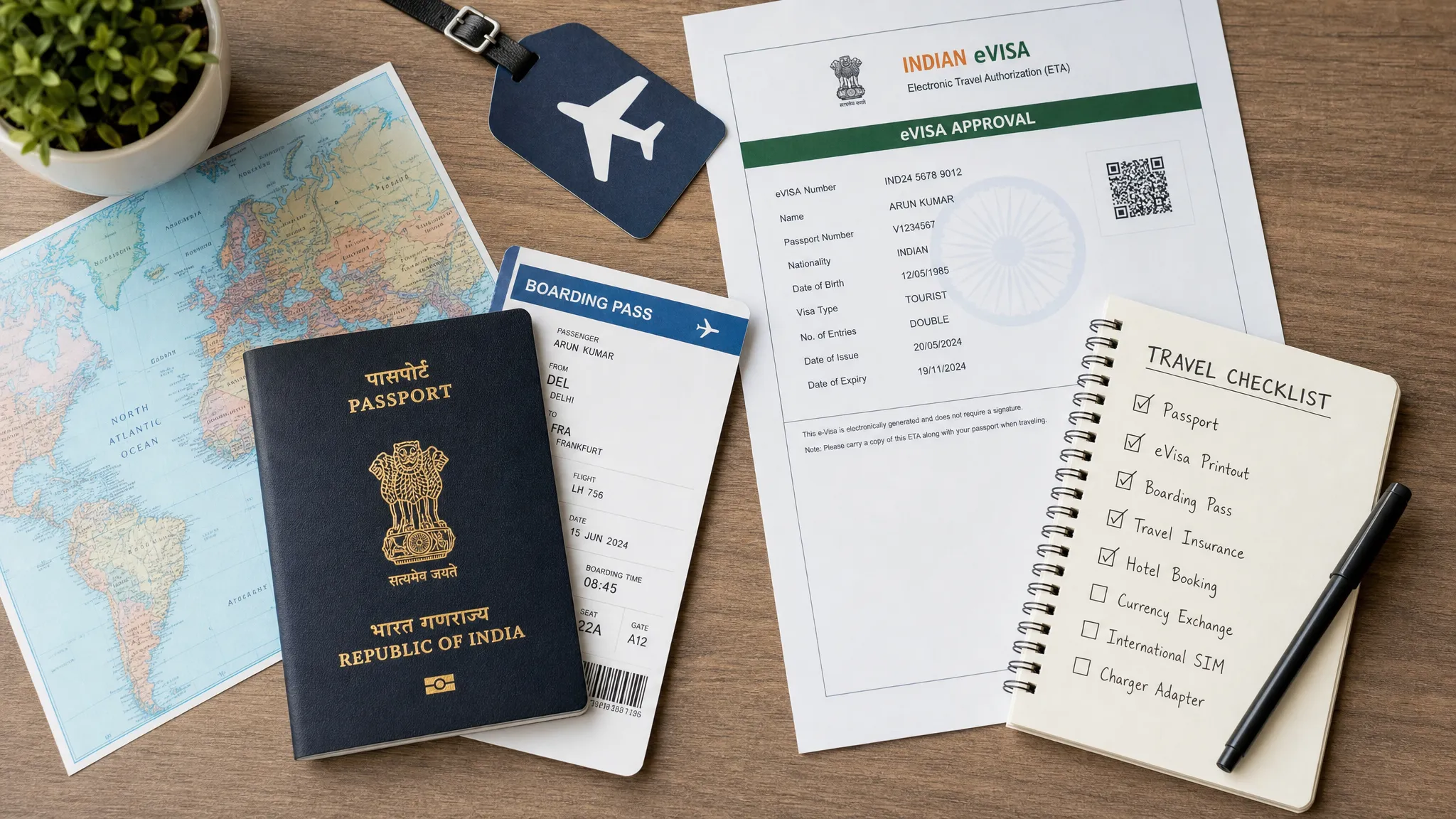 An Indian passport, boarding pass, printed eVisa approval, and travel checklist arranged on a desk beside a small world map and luggage tag, showing organized preparation for international travel.