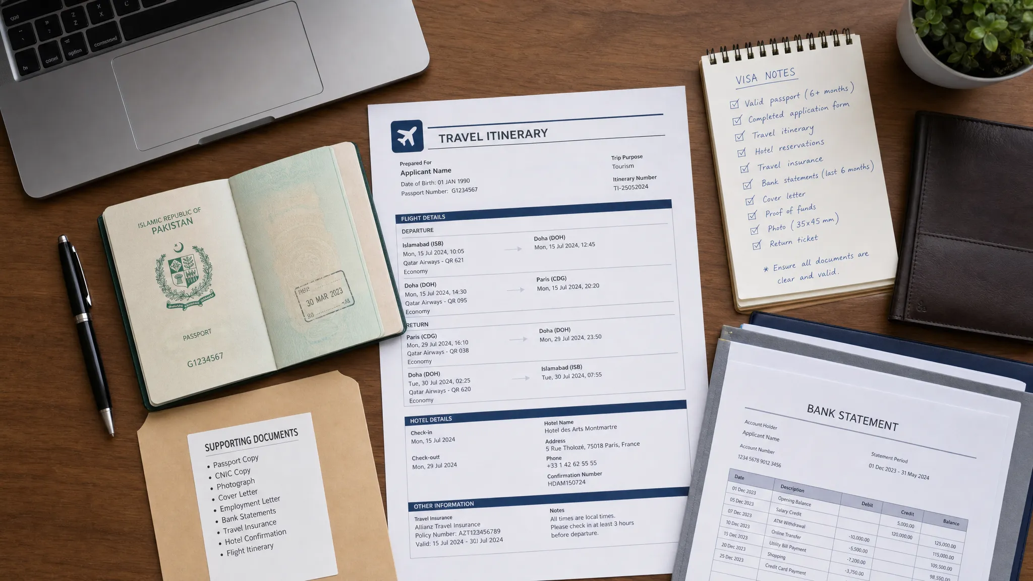 An overhead view of an open passport, printed Pakistan travel itinerary, handwritten visa notes, and neatly arranged supporting documents spread across a desk before an online visa submission.
