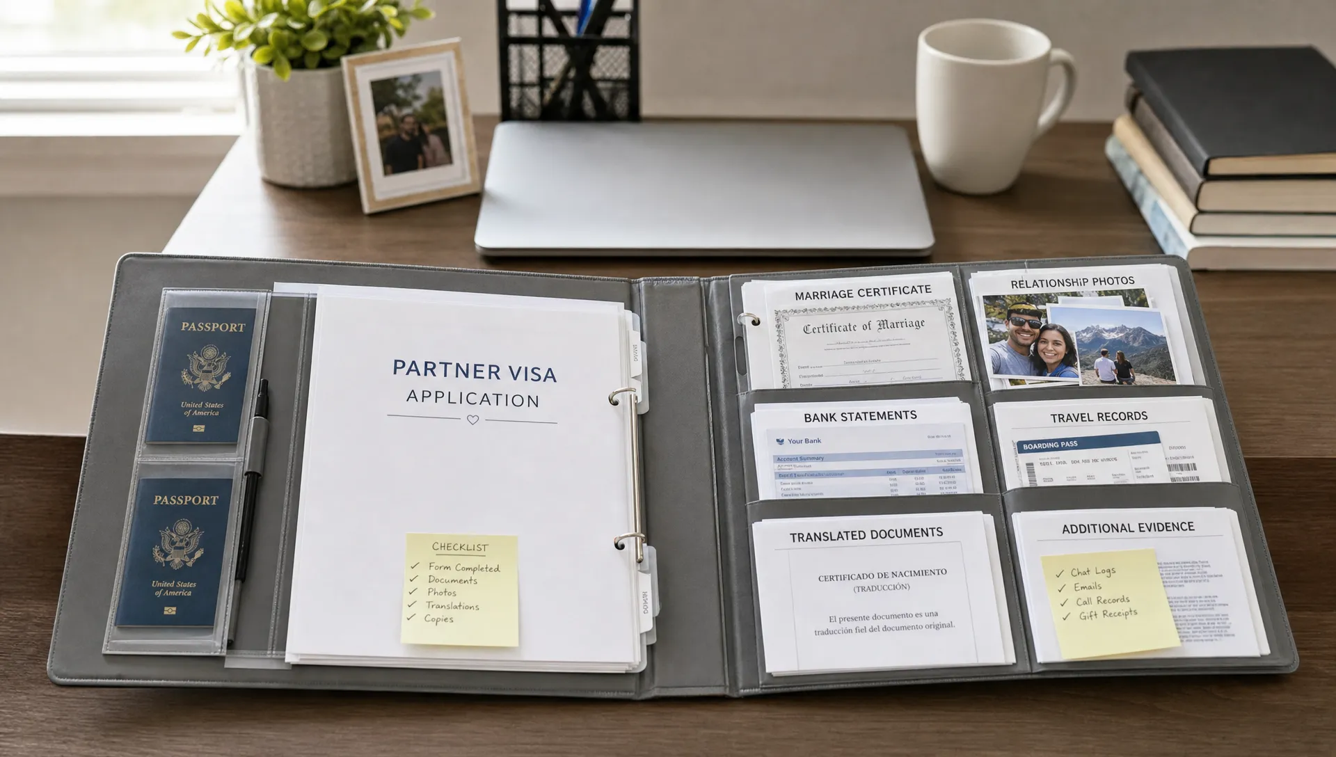 A neatly organized partner visa application folder with passports, marriage certificate, relationship photos, bank statements, travel records, and translated documents arranged on a desk in a home office setting.