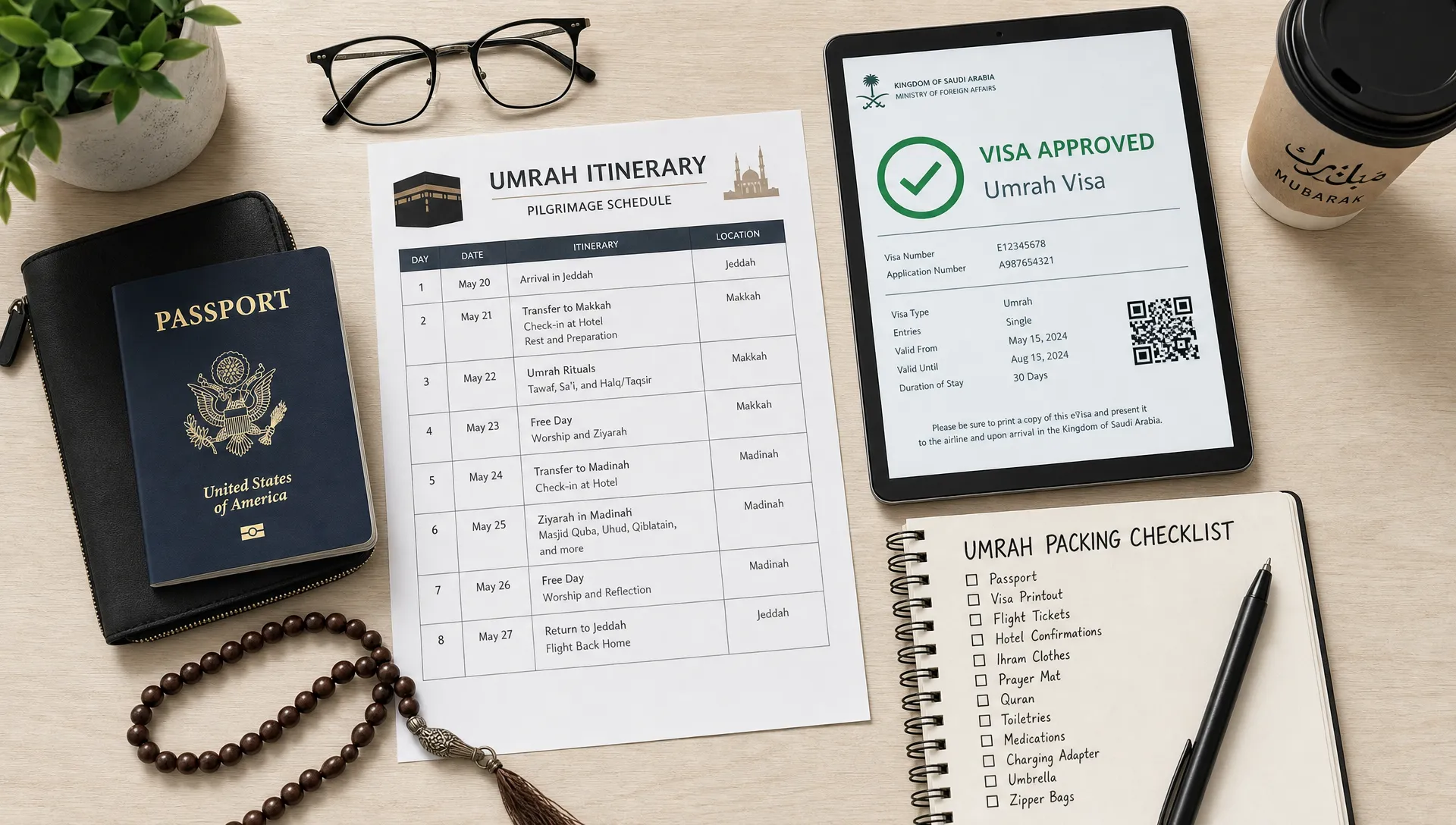 A neatly organized travel desk with a passport, printed pilgrimage itinerary, digital visa approval document, prayer beads, and a checklist for an Umrah trip, viewed from above with the documents spread across a clean table.