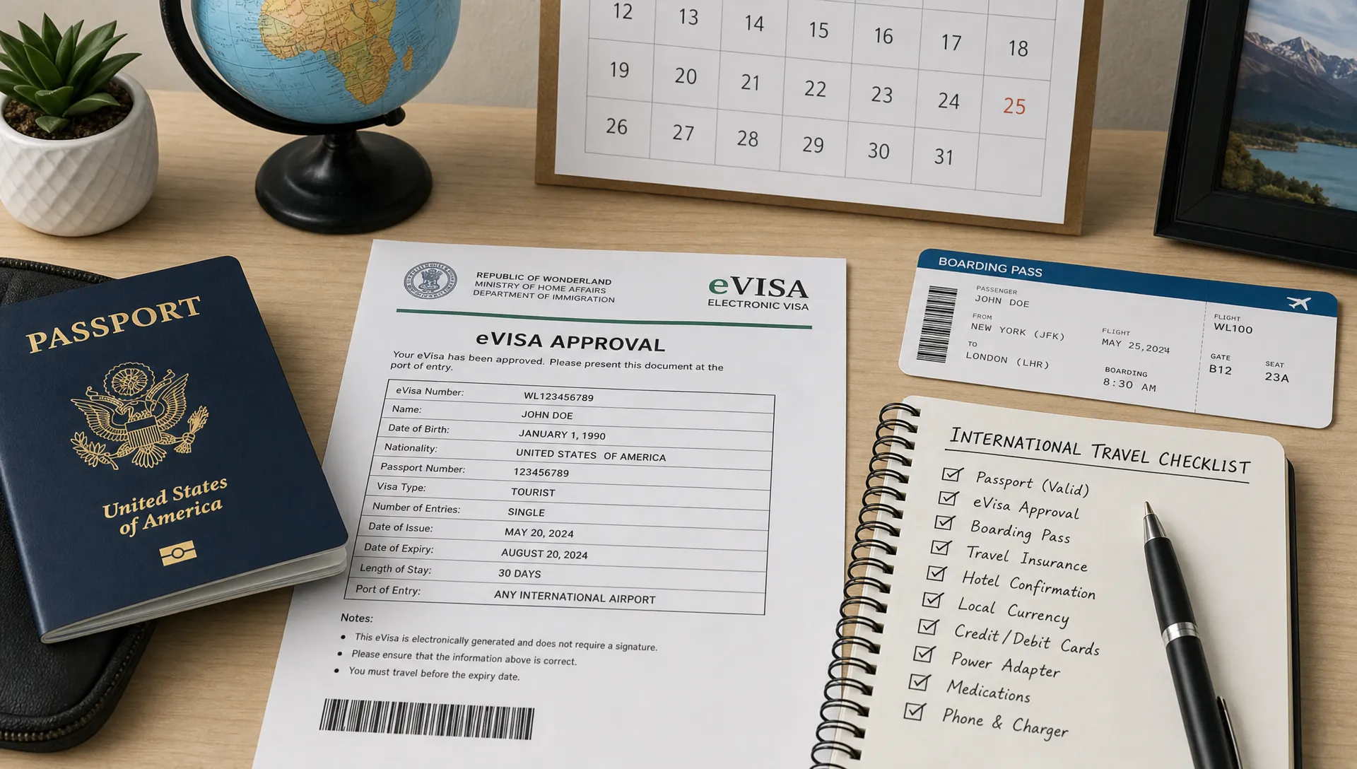 A neatly organized travel desk with a passport, printed eVisa approval, boarding pass, wall calendar, pen, and checklist showing key items to verify before an international trip.