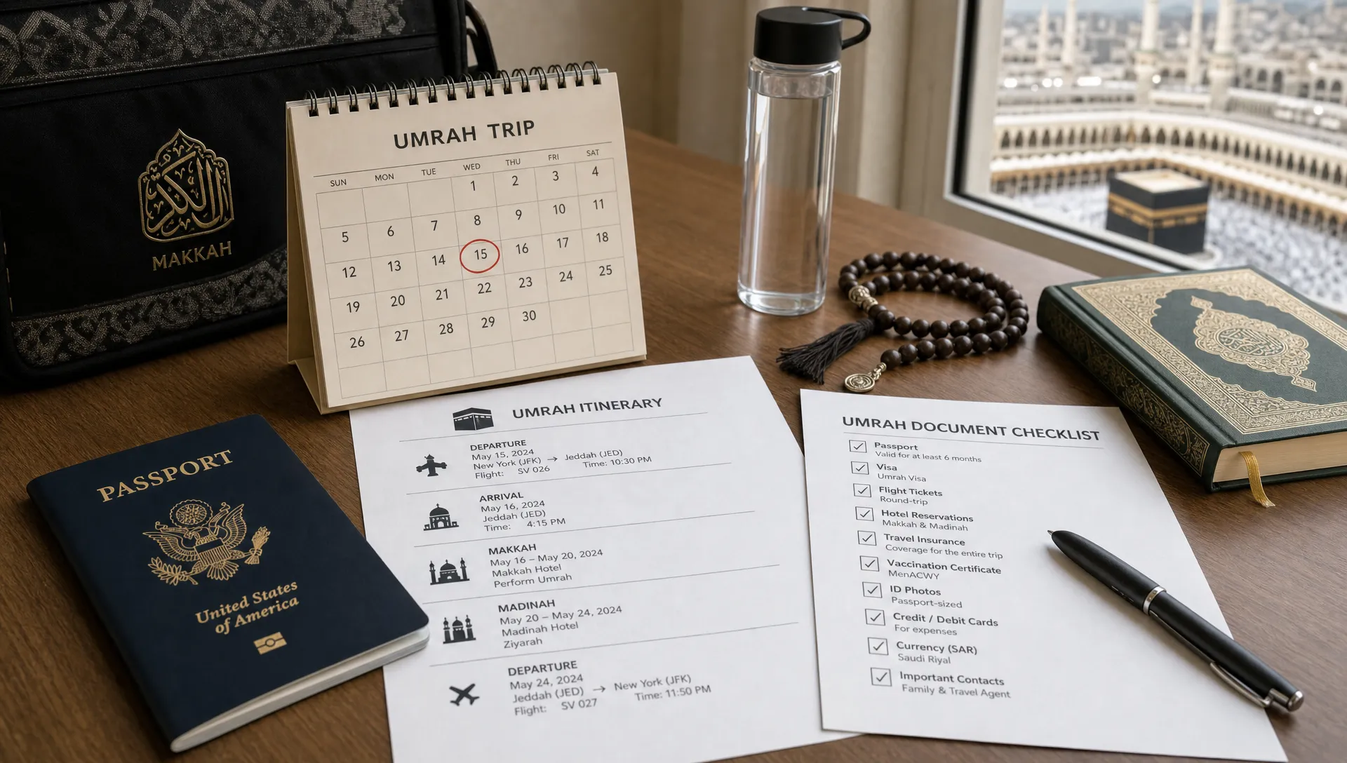 A neatly organized Umrah travel preparation scene with a passport, travel itinerary, prayer beads, a calendar, and a document checklist arranged on a table near a window.