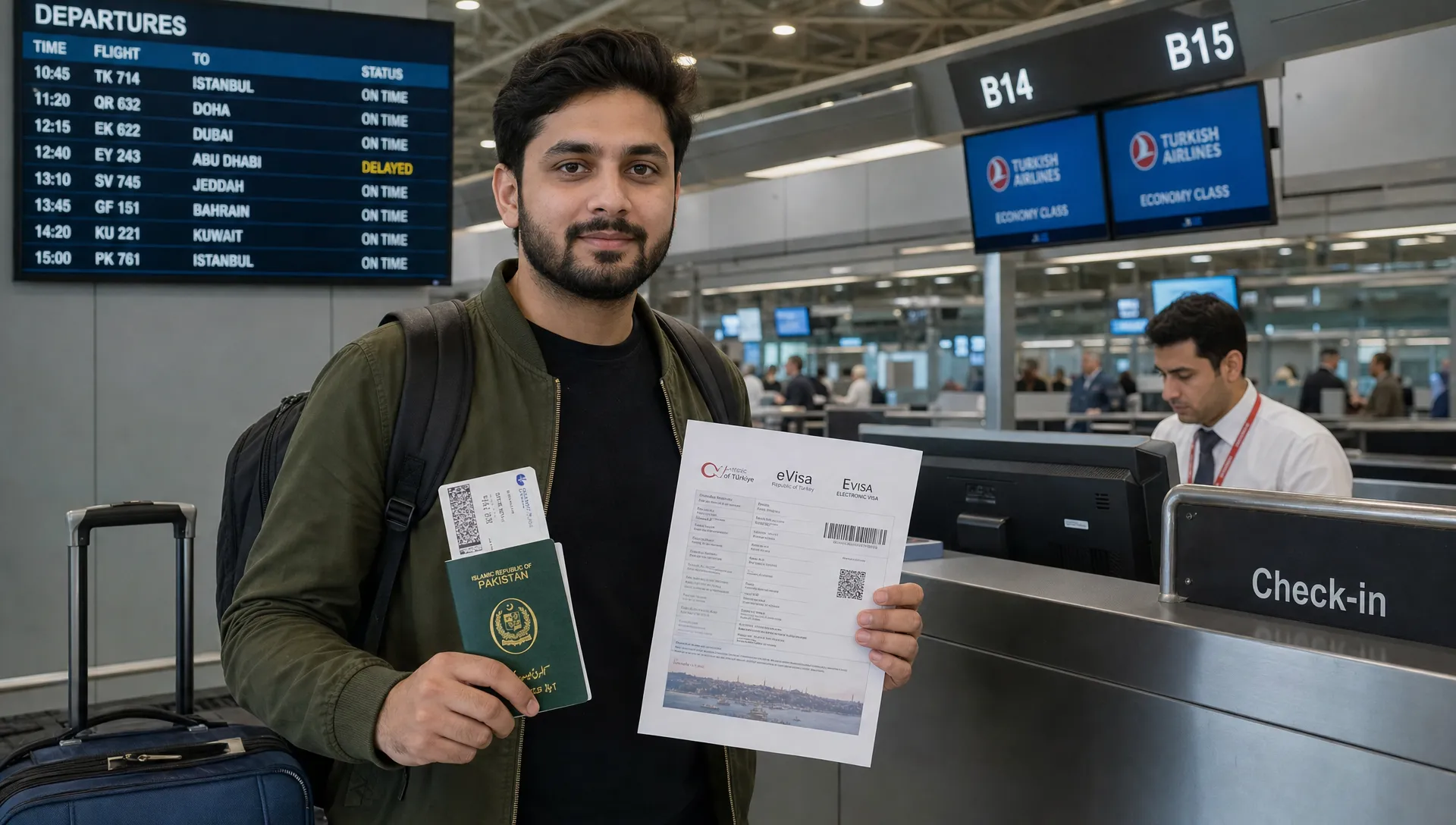 A Pakistani traveler at an airport check-in counter holding a passport, boarding pass, and printed Turkey eVisa confirmation, with luggage beside them and a departure board behind them.