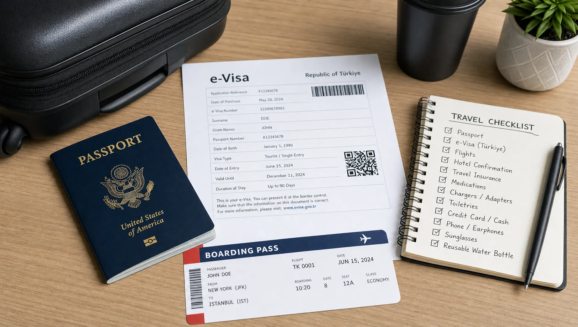 A passport, a printed Turkish e-Visa document, a boarding pass, and a simple travel checklist arranged neatly on a travel table near a suitcase, showing organized pre-trip preparation before departure.