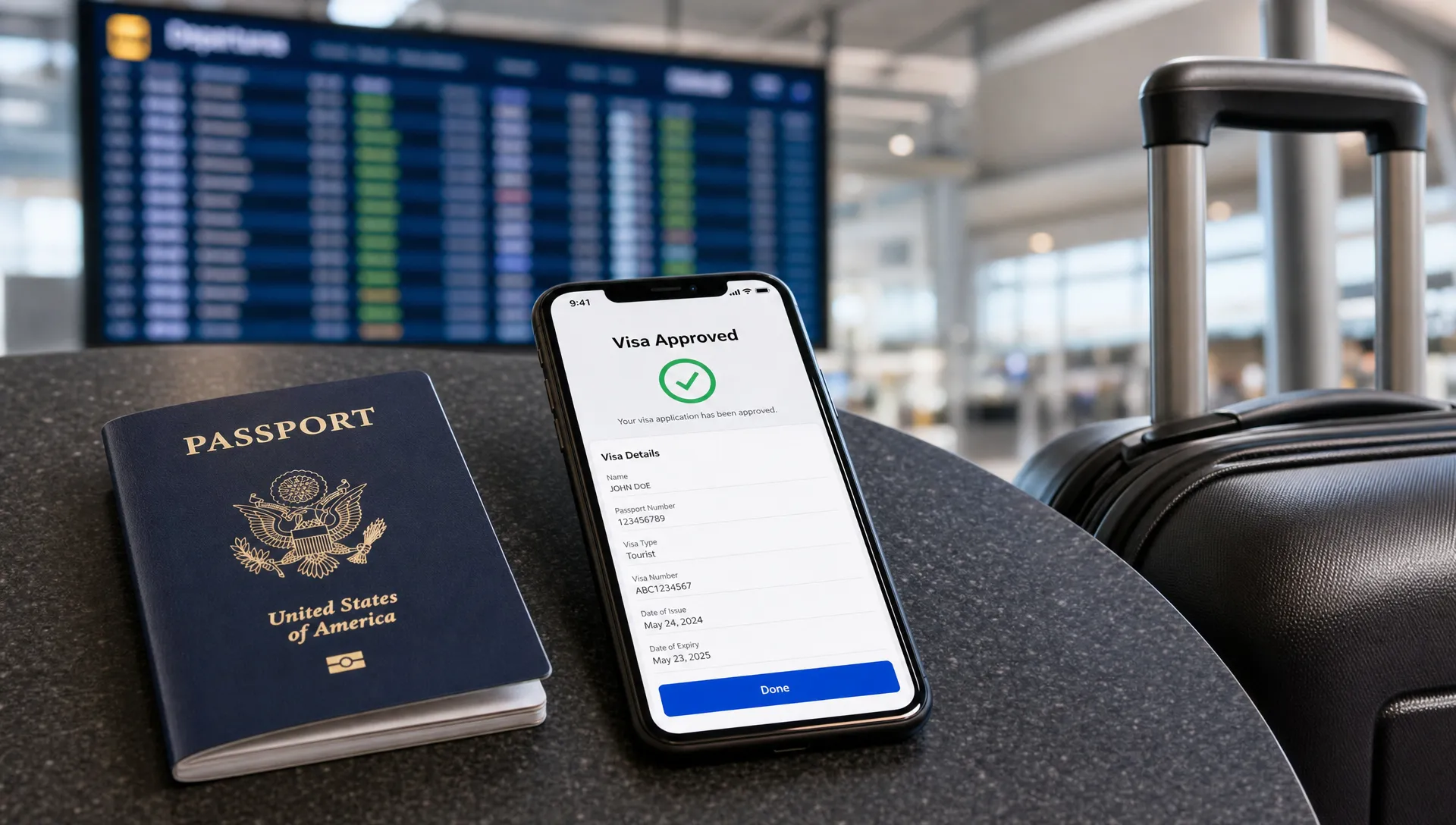 A passport and a smartphone showing a generic digital visa confirmation screen facing upward on an airport table, with a suitcase nearby and a softly blurred departures board behind them.