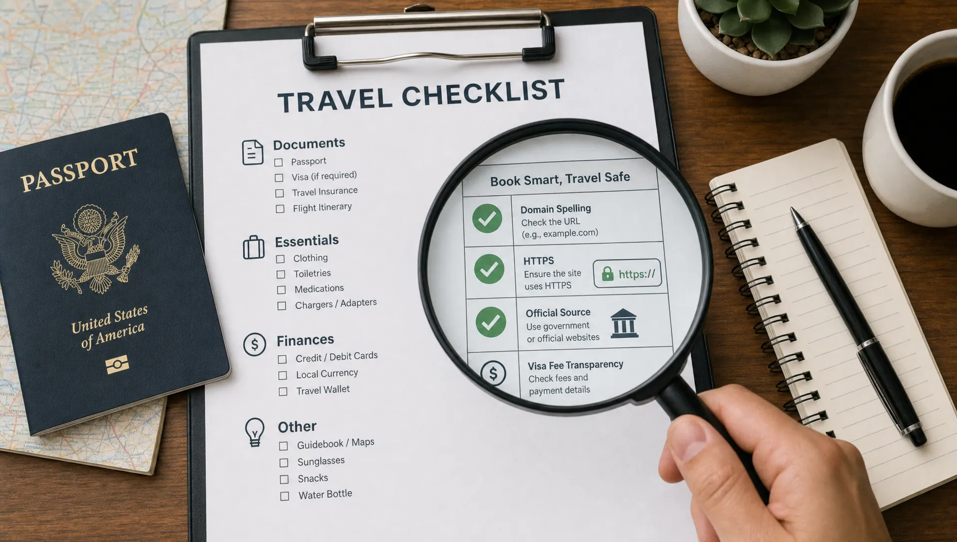 A passport and travel checklist laid out on a desk with a magnifying glass highlighting domain spelling, HTTPS, official source, and visa fee transparency.
