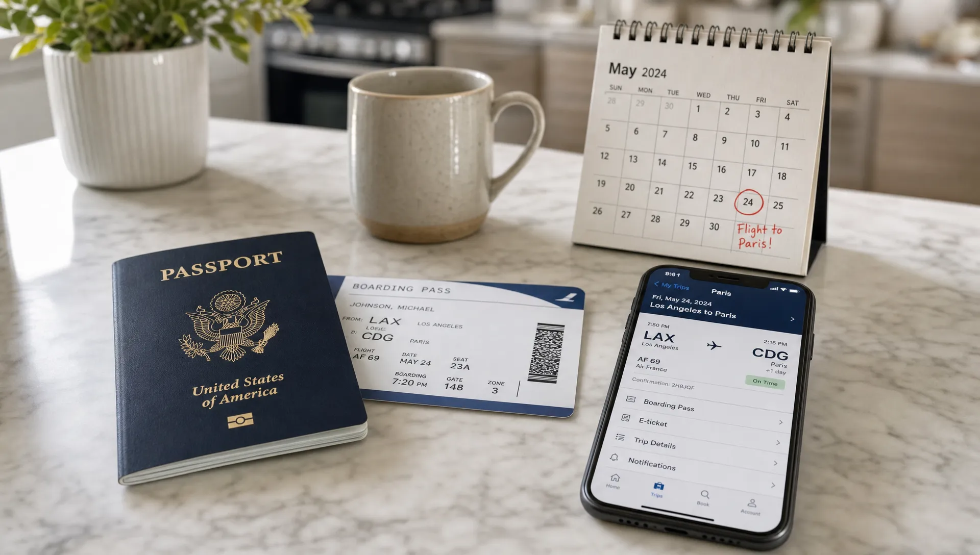 A passport, boarding pass, calendar, and smartphone arranged on a kitchen table, showing someone checking documents for a short-notice international trip.