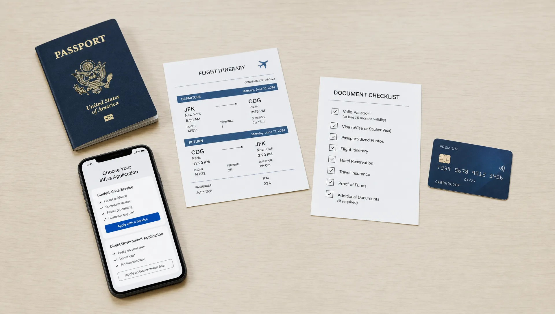A passport, flight itinerary, document checklist, payment card, and smartphone arranged on a desk to represent choosing between a guided eVisa service and direct government application, with the items spread in a simple overhead layout and plenty of empty space around them.