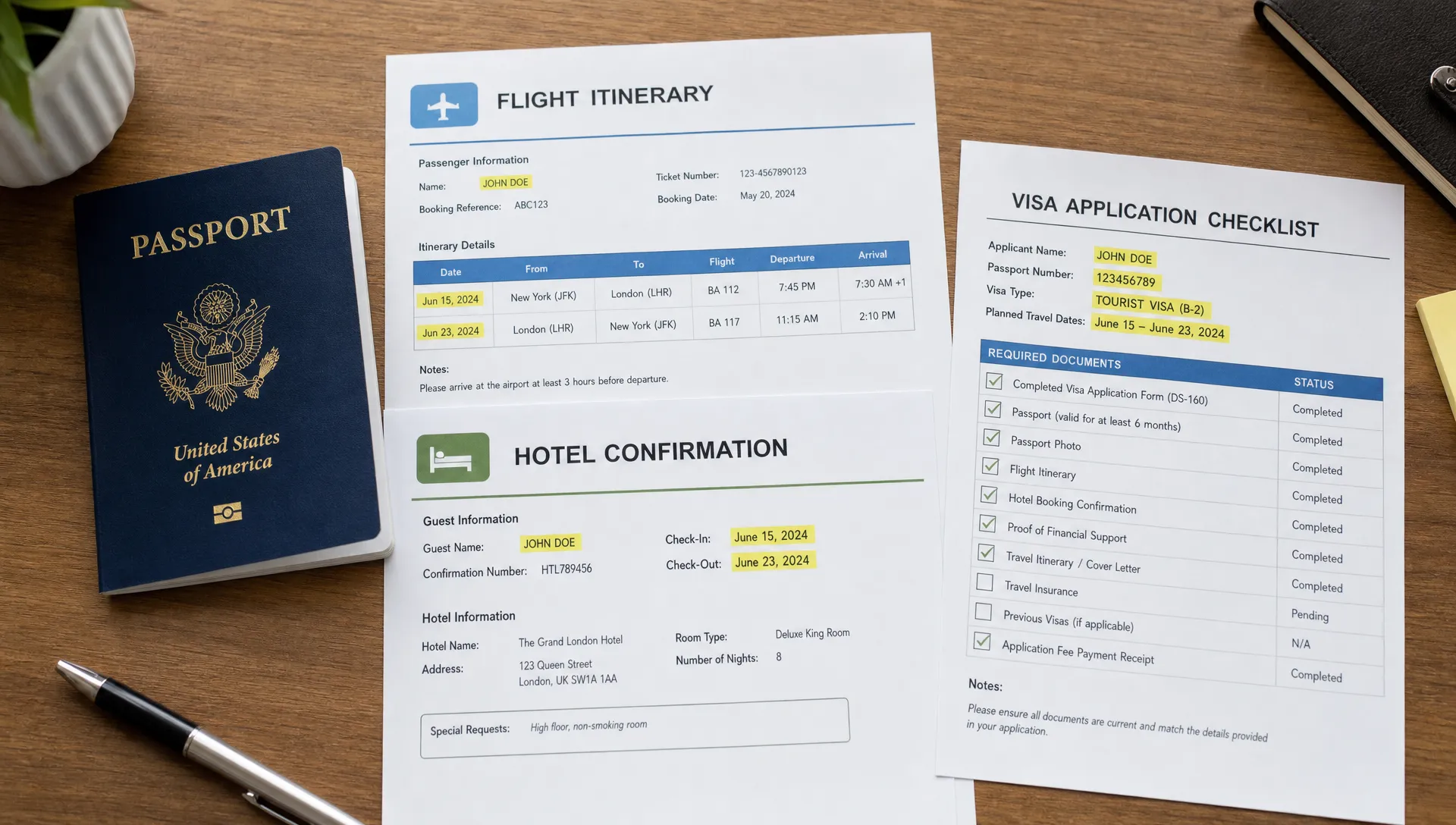 A passport, flight itinerary, hotel confirmation, and visa application checklist arranged on a desk, with key fields such as name, passport number, visa type, and travel dates highlighted for review.