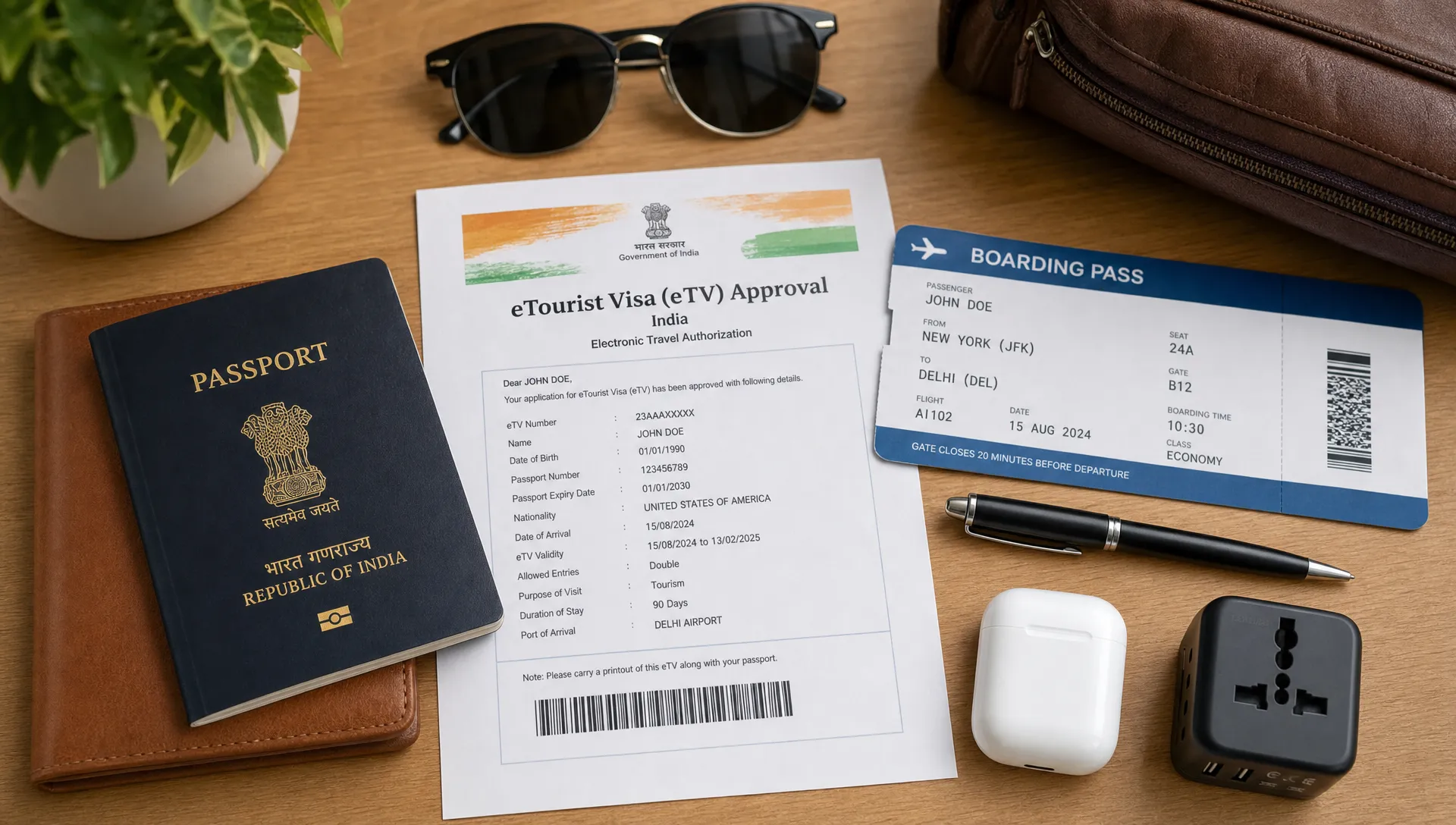 A passport, printed Indian eTourist visa approval, boarding pass, pen, and neatly arranged travel essentials on a table before an international trip to India.
