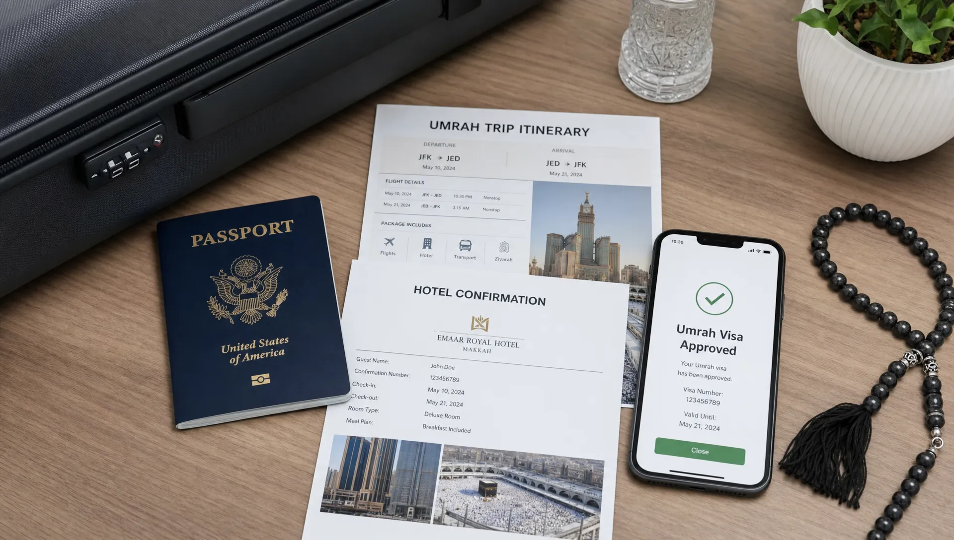 A passport, printed itinerary, hotel confirmation, prayer beads, and a smartphone showing an Umrah visa approval message arranged on a travel desk beside a small suitcase.