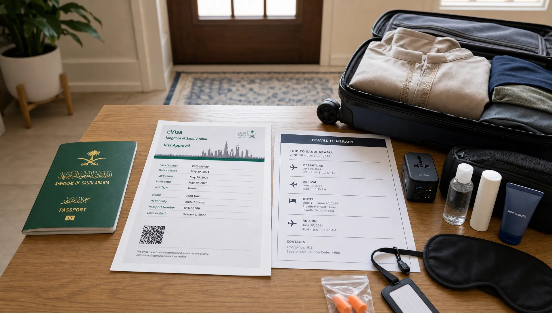 A passport, printed Saudi eVisa approval, travel itinerary, and neatly packed essentials arranged on a table in a home entryway before an international trip to Saudi Arabia.