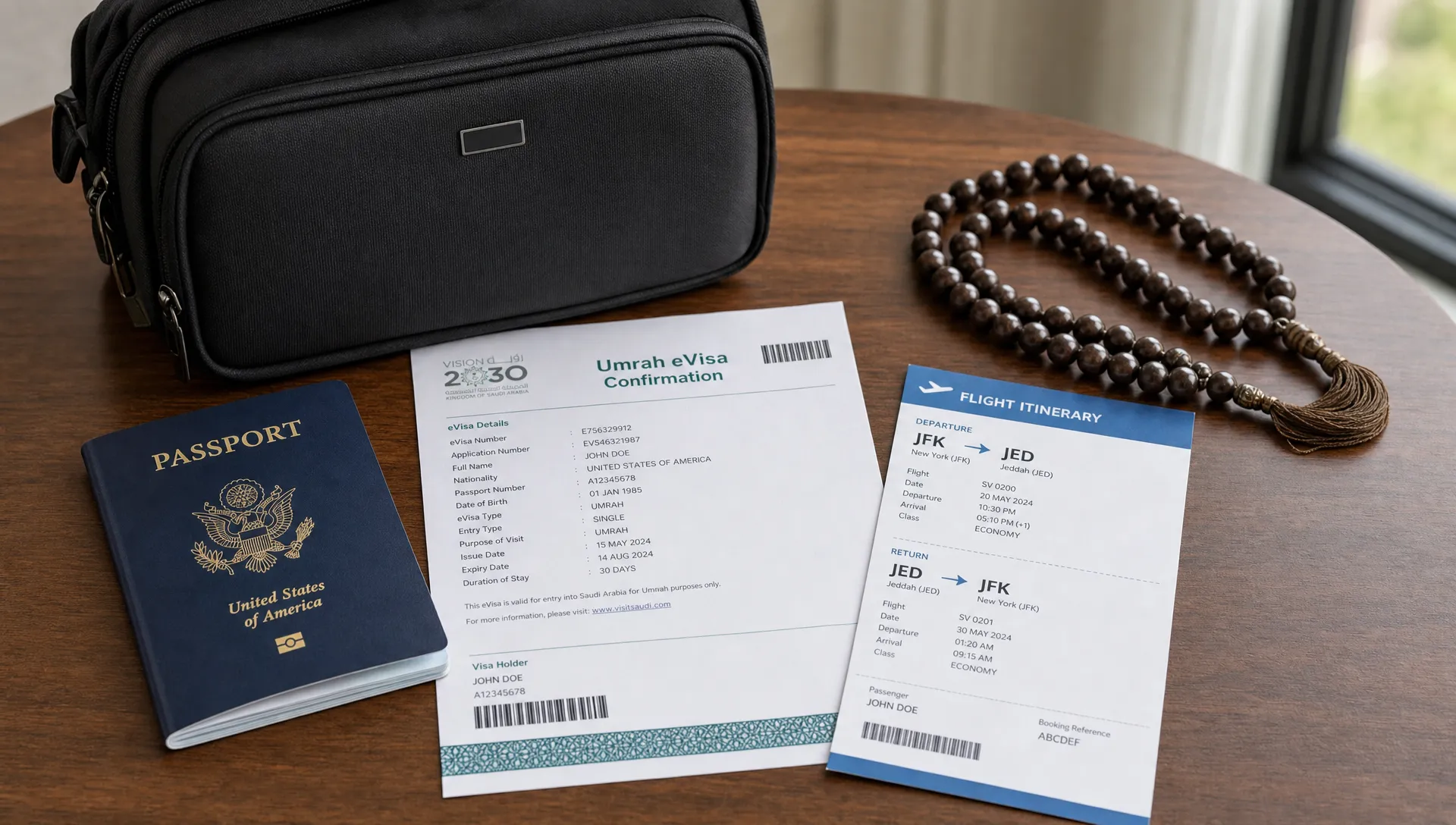 A passport, printed Umrah eVisa confirmation, flight itinerary, prayer beads, and a small travel bag arranged neatly on a table before departure.