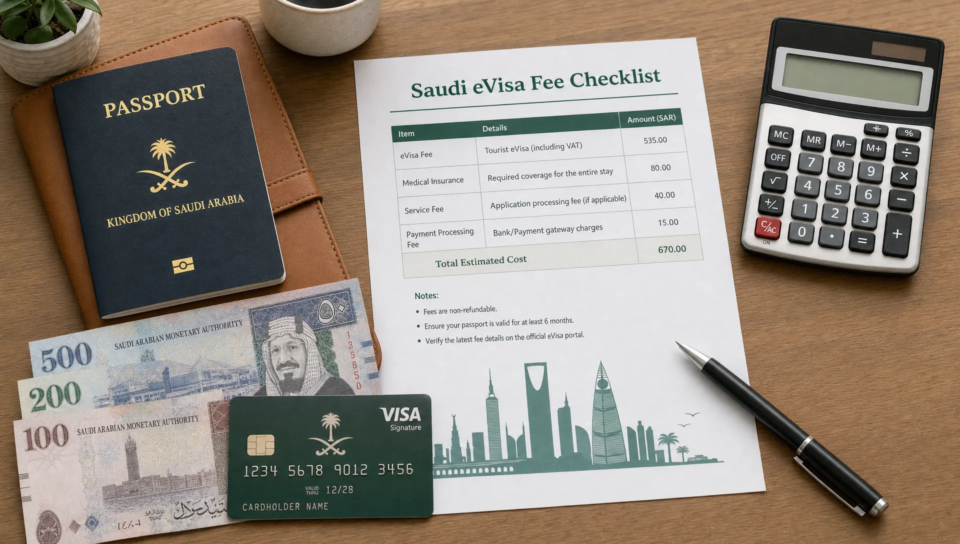 A passport, Saudi Riyal banknotes, a credit card, a calculator, and a printed Saudi eVisa fee checklist arranged on a travel planning desk, viewed from above with the documents spread in a tidy layout.