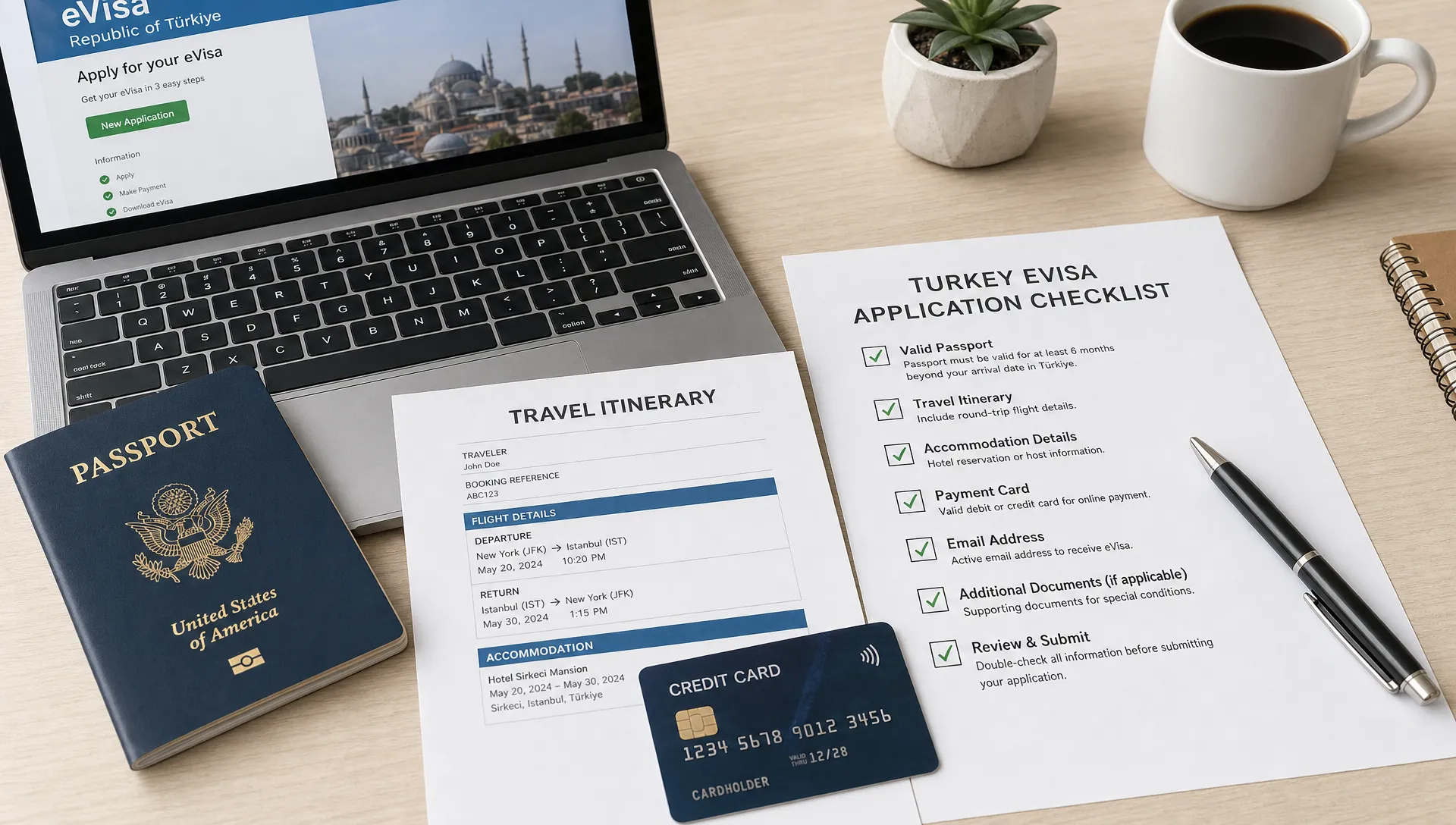 A passport, travel itinerary, payment card, and printed checklist arranged on a desk for a Turkey eVisa application, showing an organized and secure online visa preparation process.