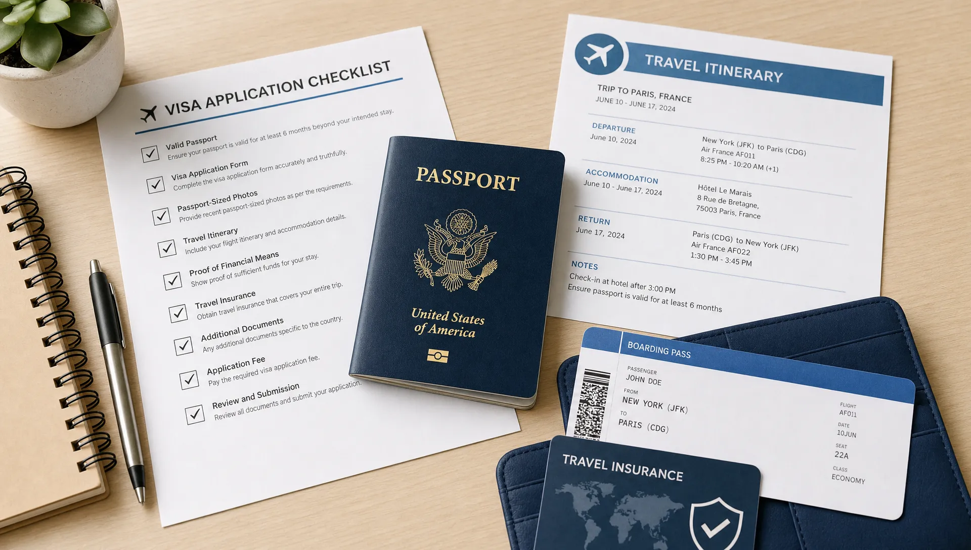A passport, visa application checklist, printed itinerary, and travel documents arranged neatly on a desk before an international trip.
