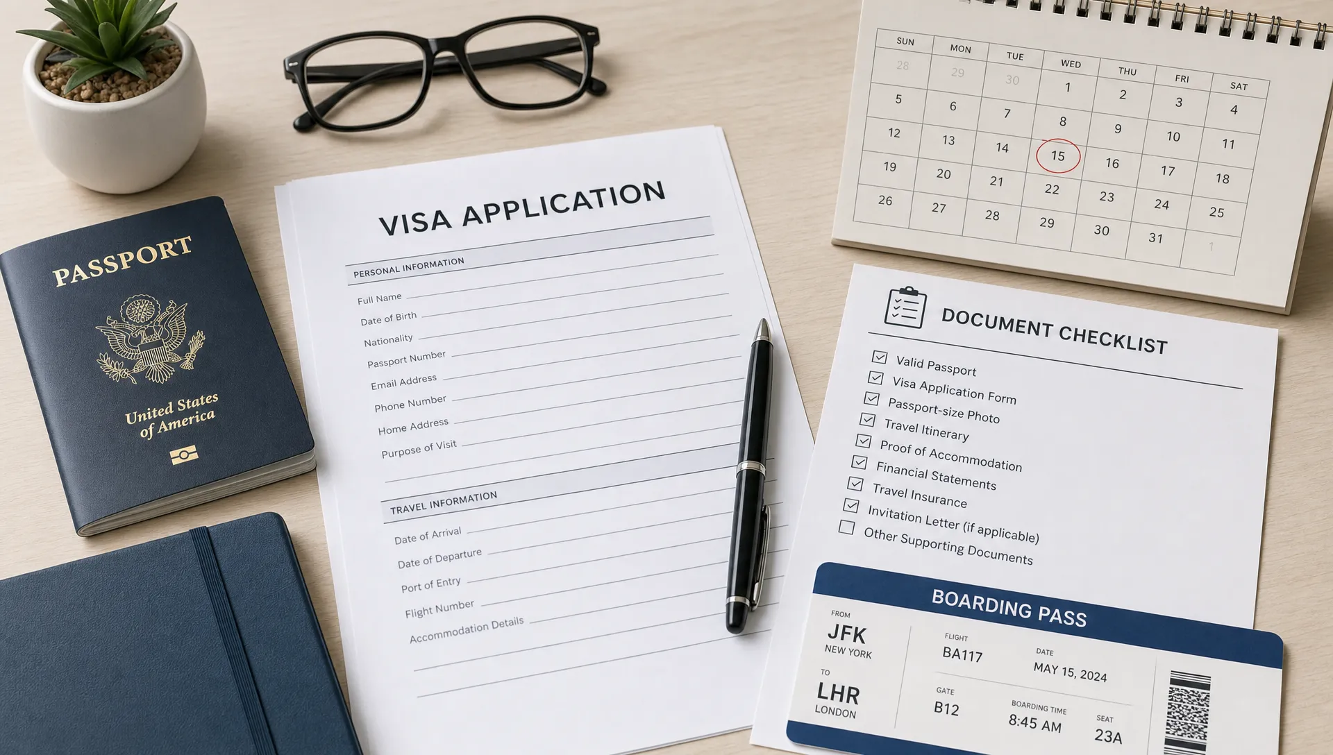 A passport, visa application form, document checklist, calendar, and boarding pass arranged on a clean desk to represent an organized visit visa preparation process.