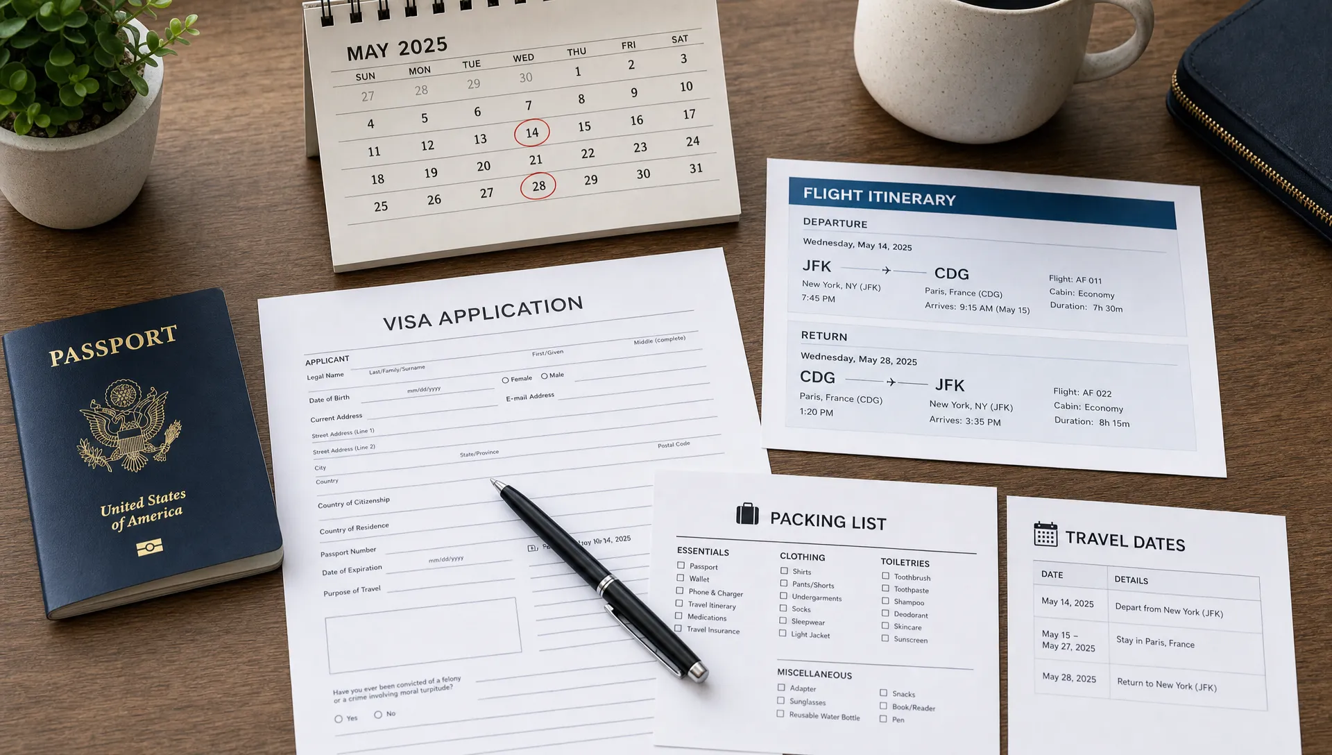 A passport, visa application form, flight itinerary, and calendar arranged on a desk to show a traveler planning international travel before booking flights, with a printed packing note and a second sheet of travel dates beside them.