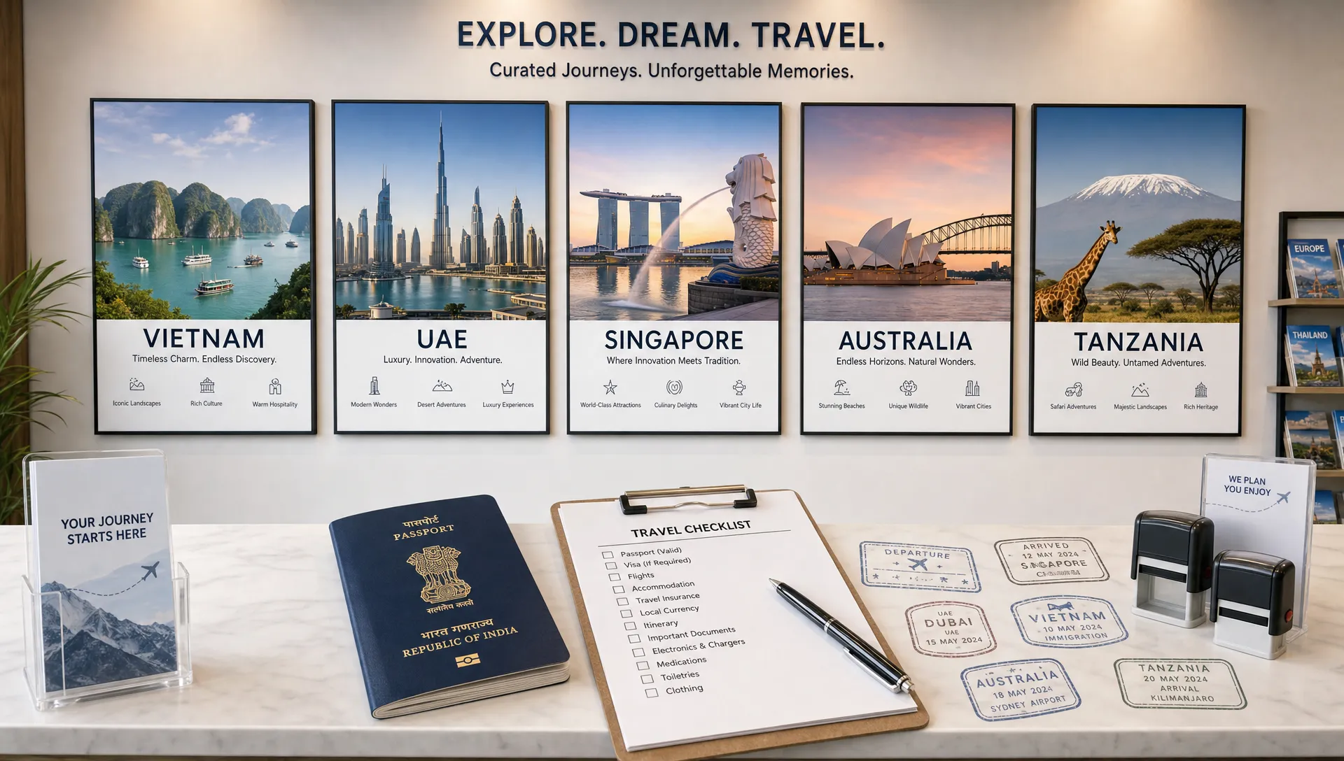 A travel agency wall display with neatly arranged destination cards for Vietnam, UAE, Singapore, Australia, and Tanzania, placed above a counter with an Indian passport, checklist forms, and passport stamp graphics.