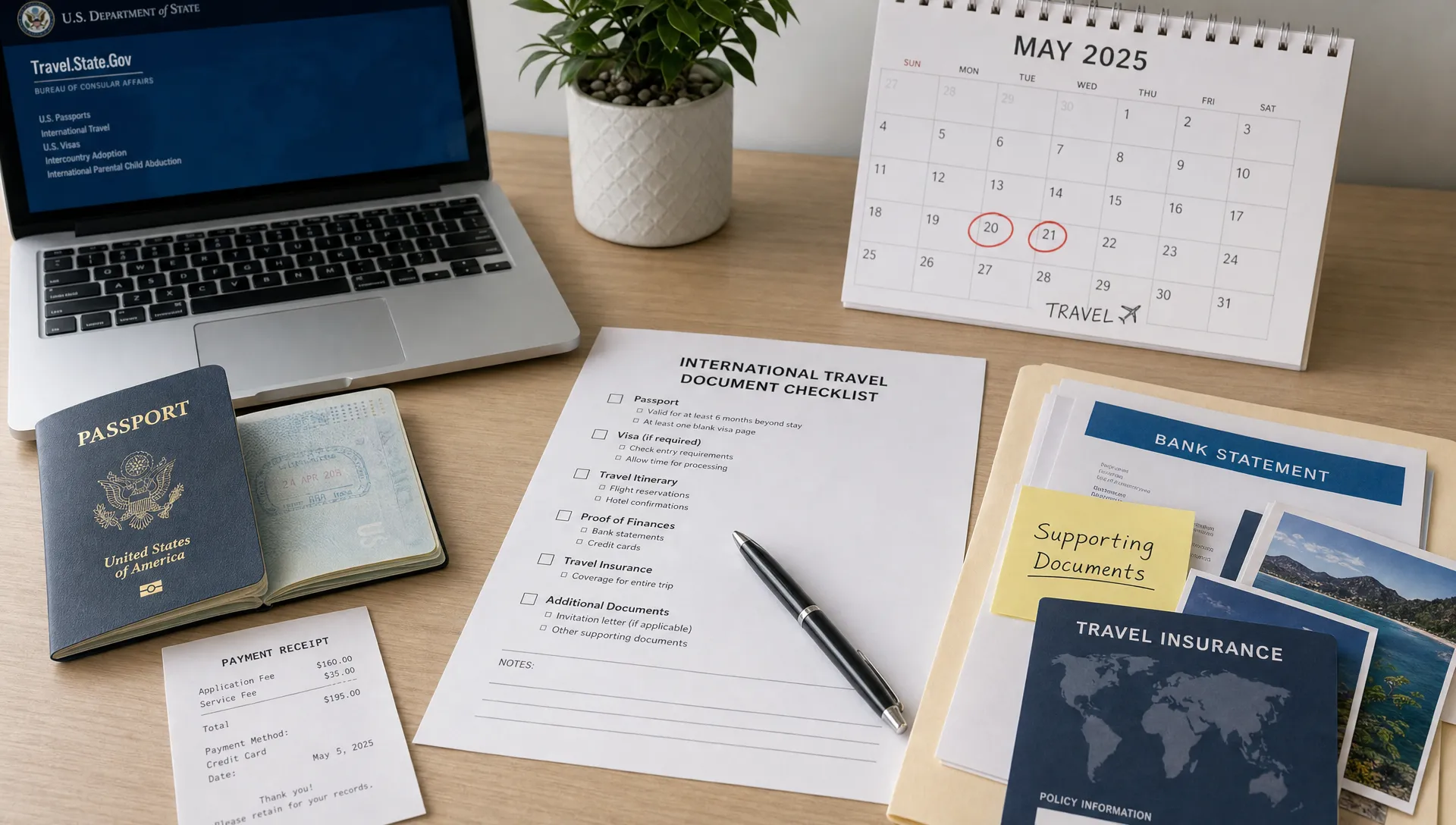 A travel document review desk with an open passport, printed checklist, pen, folder of supporting documents, and a calendar showing upcoming travel dates, arranged neatly beside a laptop and payment receipt.