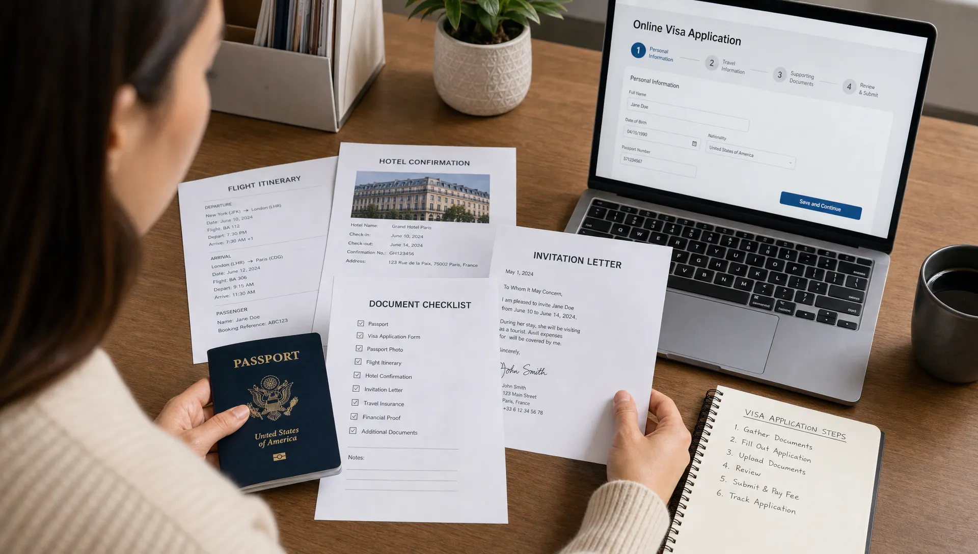 A traveler organizes a passport, printed itinerary, hotel confirmation, invitation letter, and document checklist on a desk before completing an online visa application.