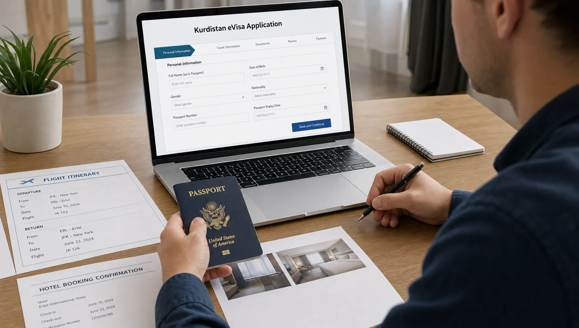 A traveler preparing documents for a Kurdistan eVisa application, with a passport, printed itinerary, hotel booking, and a laptop on a desk showing an online form facing the traveler.