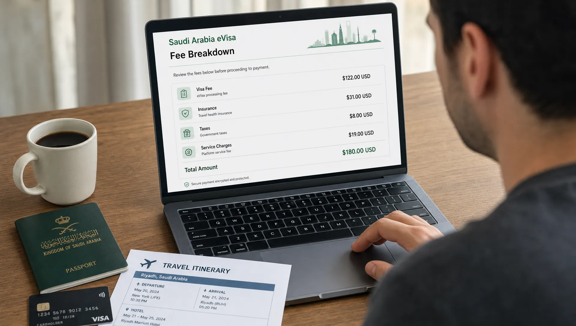 A traveler reviewing a Saudi Arabia eVisa fee breakdown on a laptop beside a passport, bank card, and travel itinerary, with clear sections for visa fee, insurance, taxes, and service charges visible on the screen facing the traveler.