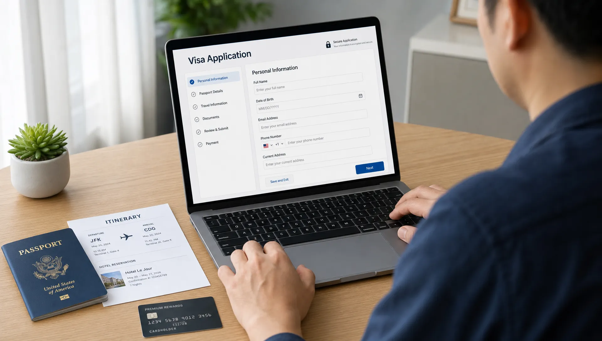 A traveler reviewing an online visa application on a laptop with a passport, itinerary, and payment card on a desk, with the laptop screen facing the traveler and showing a secure form layout.