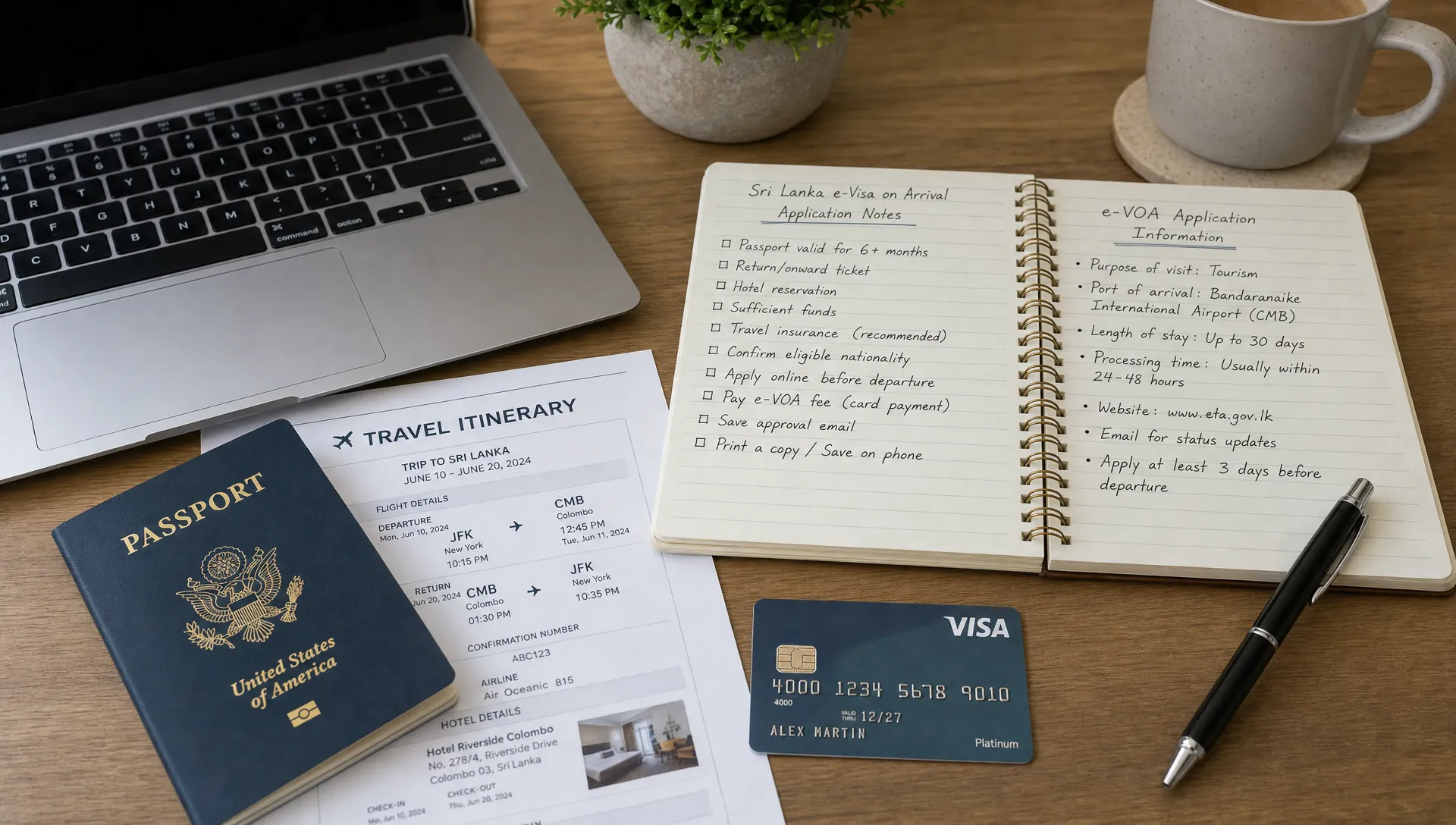 A traveler’s passport, printed travel itinerary, payment card, and neatly organized visa application notes spread across a home desk beside a laptop, showing preparation for an electronic visa-on-arrival application.