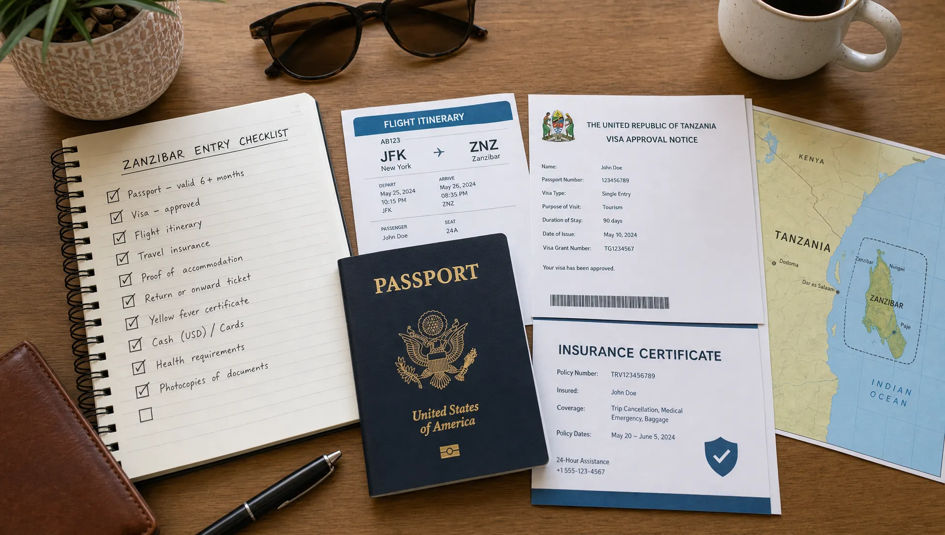 A traveler’s Zanzibar entry checklist on a desk with a passport, flight itinerary, visa approval notice, insurance certificate, and a small map of Tanzania and Zanzibar.