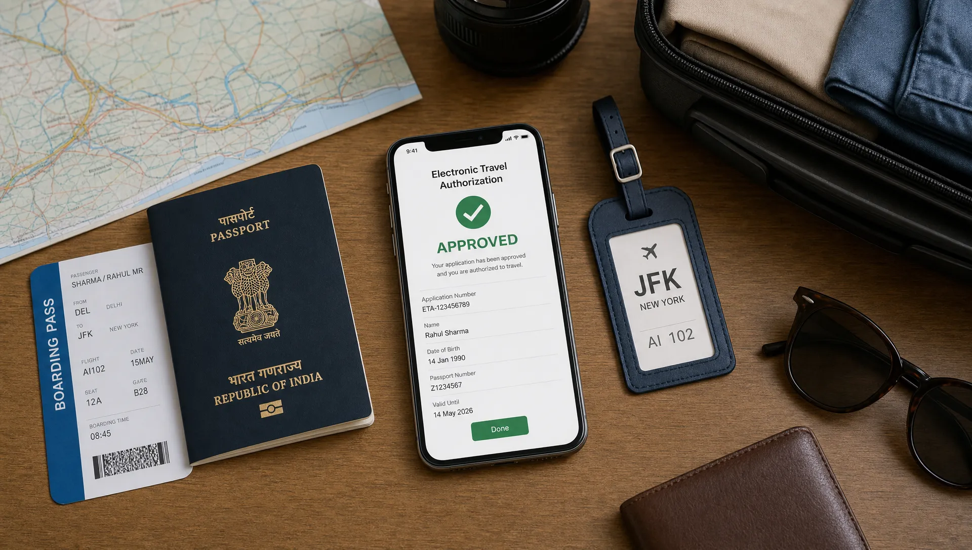 An Indian passport, boarding pass, luggage tag, and a smartphone facing upward on a travel desk, with the phone showing a generic approved electronic travel authorization beside a map and packed travel essentials.