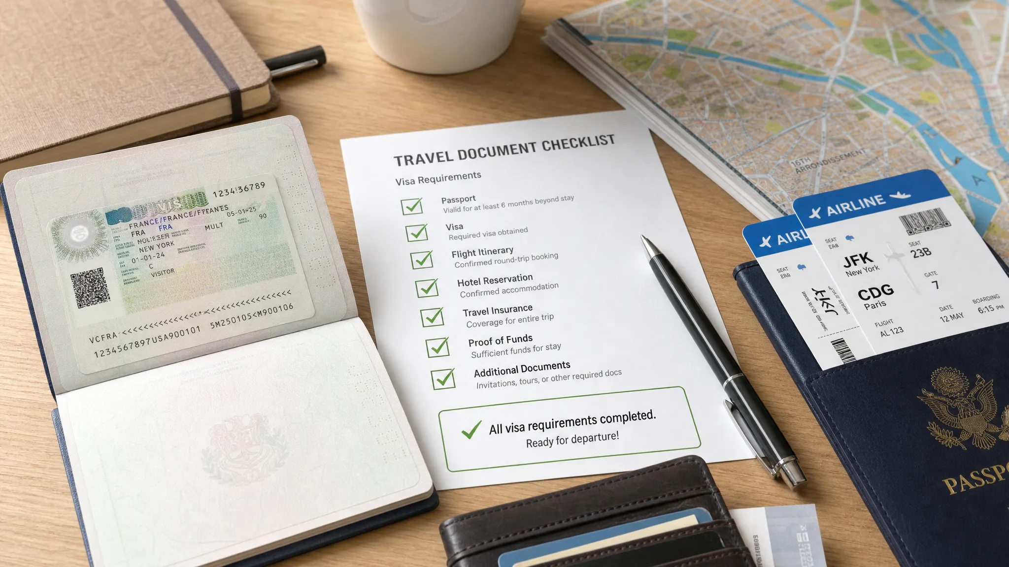 An open passport, boarding passes, a folded destination map, and neatly organized travel documents on a desk, with visible checkmarks showing visa requirements completed before departure.