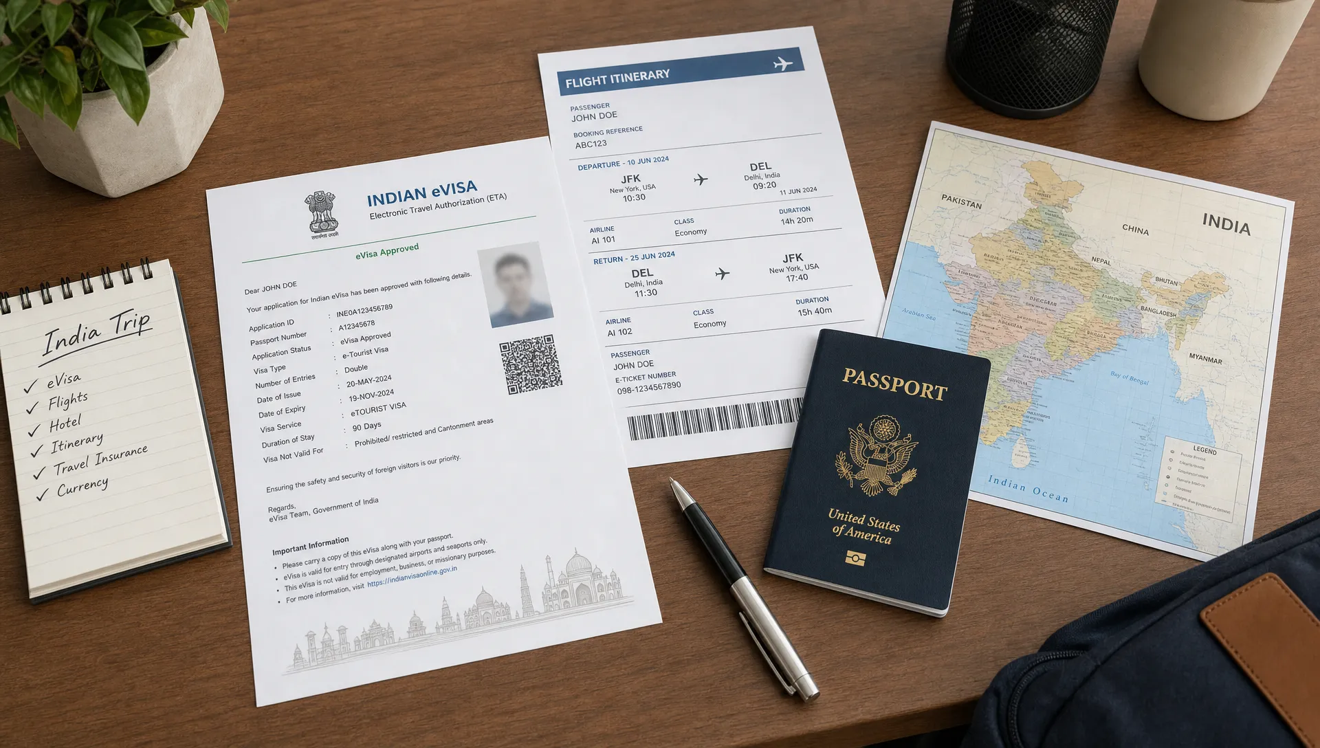 A neat travel desk with a passport, printed India eVisa approval, flight itinerary, pen, and map of India arranged for final pre-trip visa checks, viewed from a slightly higher angle with the documents spread across the surface.