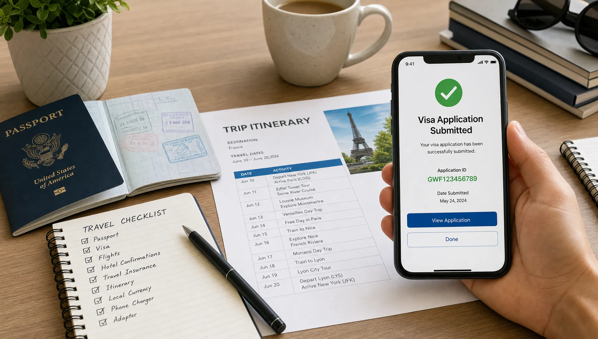 A neatly arranged home table with an open passport, printed itinerary, checklist, pen, and smartphone showing a visa application confirmation screen facing the viewer.