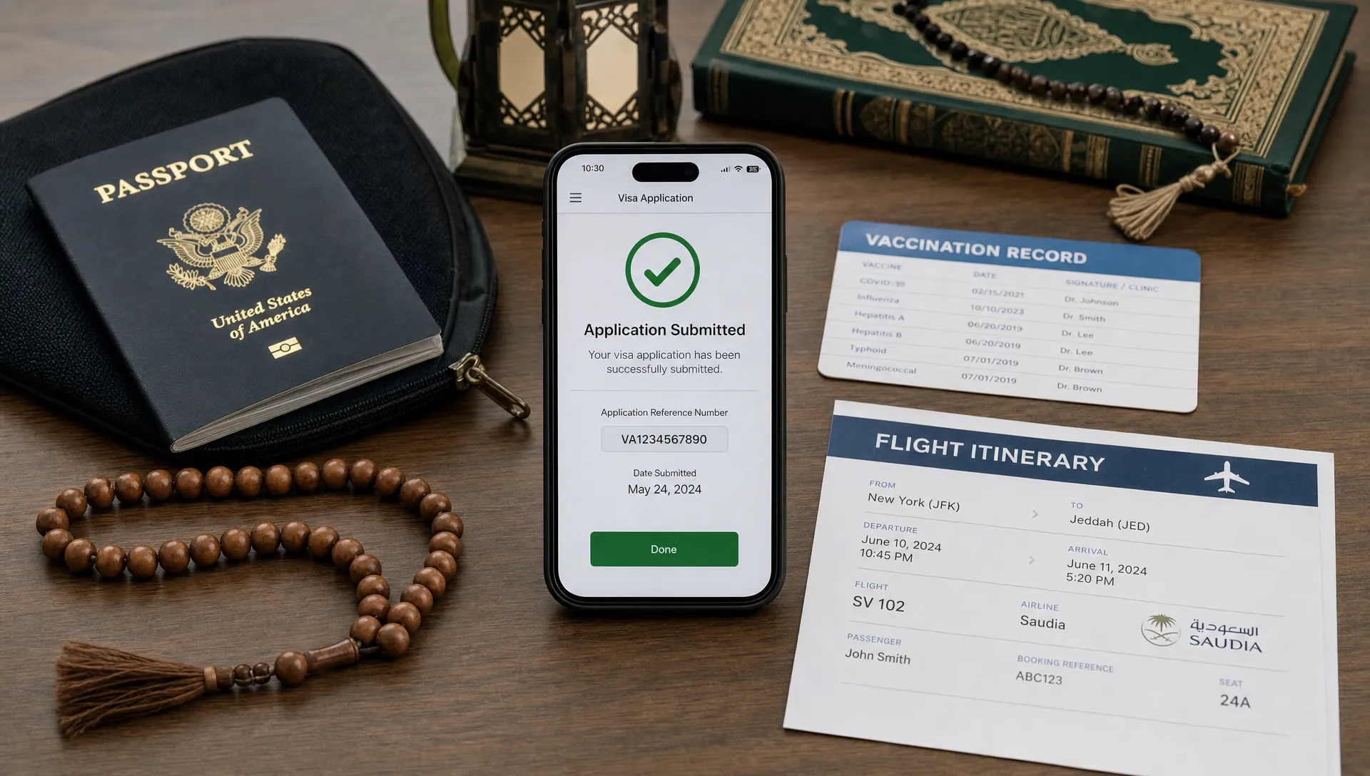 A neatly arranged pilgrimage preparation table with a passport, prayer beads, vaccination record, flight itinerary, and a smartphone showing a visa application confirmation screen facing the camera.