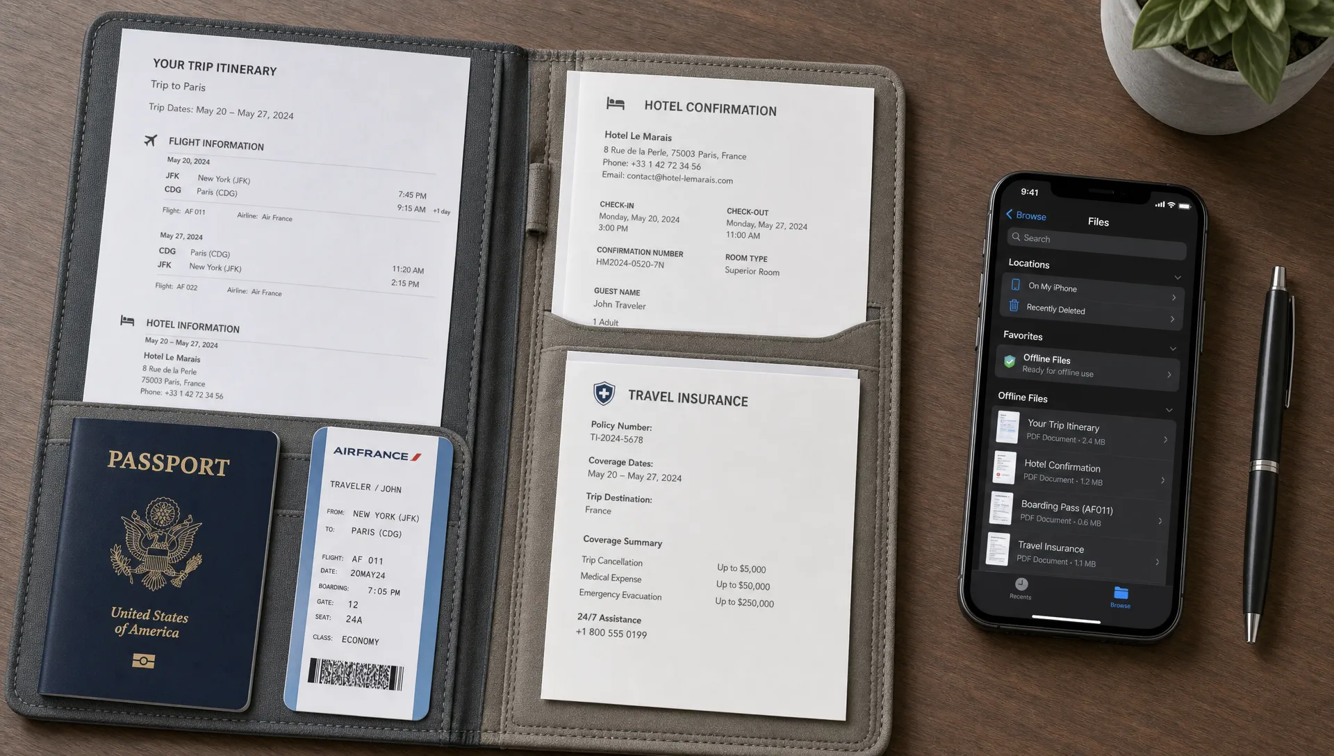 A neatly organized travel document folder on a table with a passport, boarding pass, printed itinerary, hotel confirmation, insurance page, and a phone showing offline files ready for a trip.