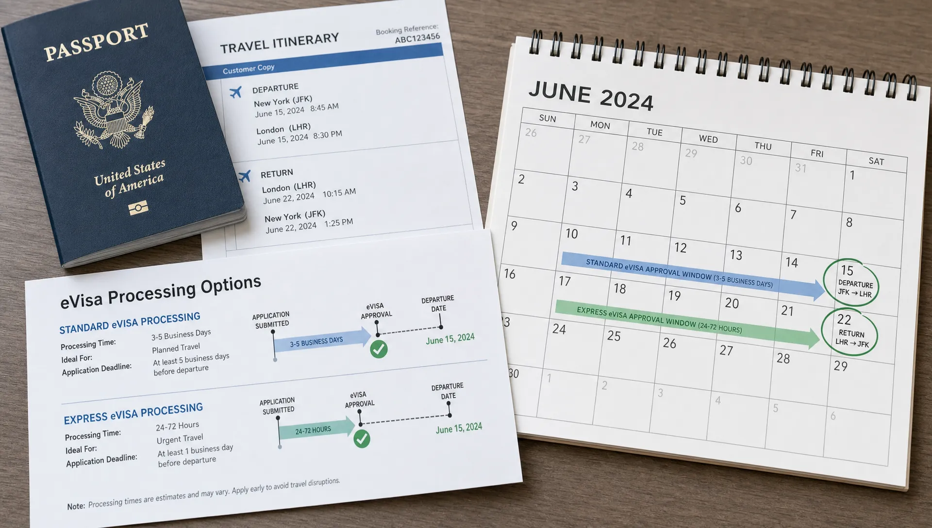 A passport, travel itinerary, and calendar showing standard eVisa processing versus express eVisa processing, with marked departure dates and approval windows laid out on a tabletop.