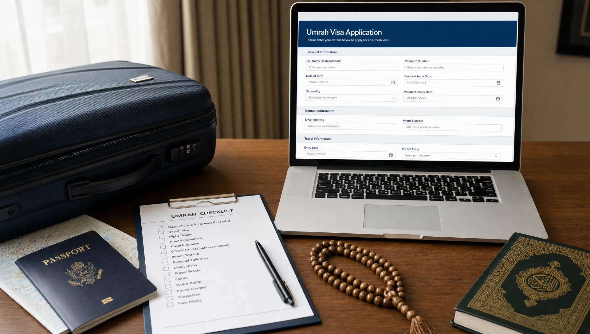 A travel desk with a passport, checklist, prayer beads, suitcase, and a laptop showing an Umrah visa form.