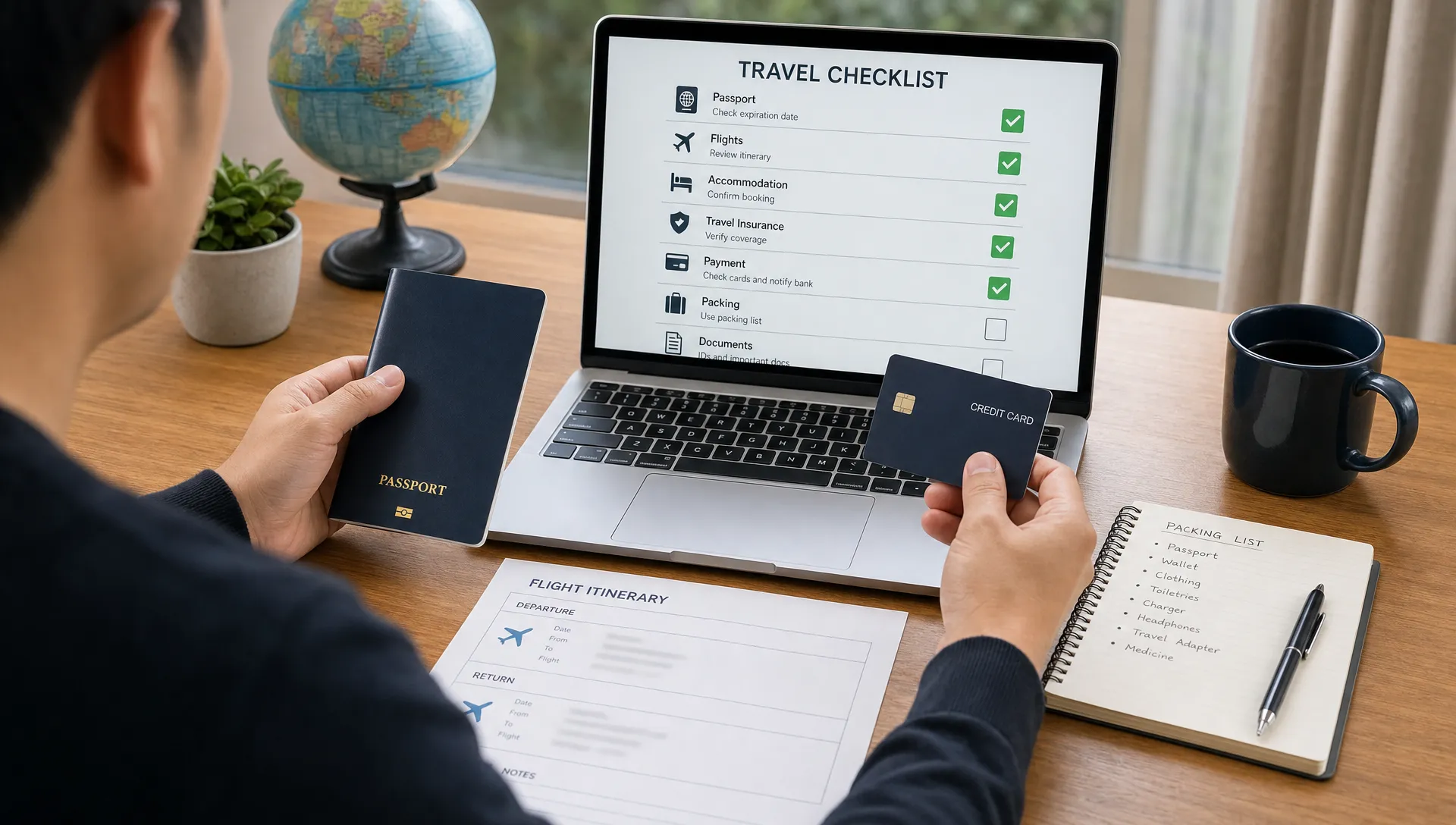 A traveler at a desk comparing a passport, printed flight itinerary, payment card, and laptop with a travel checklist open on the screen, showing careful pre-trip verification without exposing personal data.