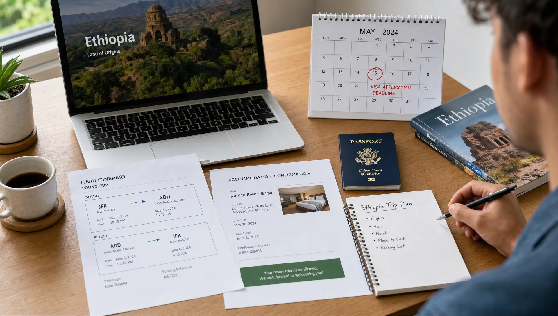 A traveler planning an Ethiopia trip at a desk with a passport, printed flight itinerary, accommodation confirmation, and a calendar showing a visa application deadline.