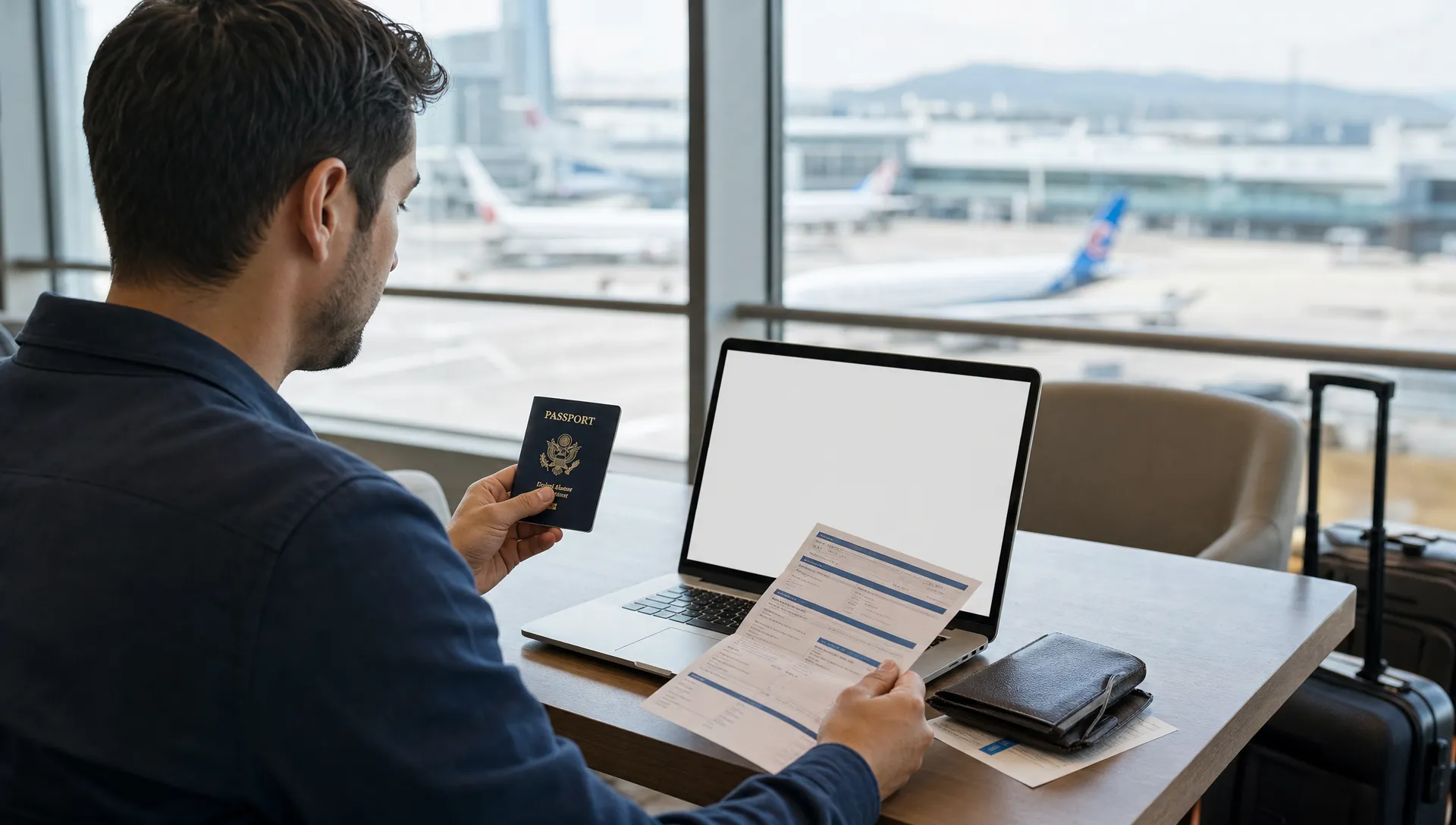 A traveler reviewing a passport, travel itinerary, and online visa application form on a laptop at a table in an airport lounge, with the laptop screen facing the traveler and no visible text on the screen.