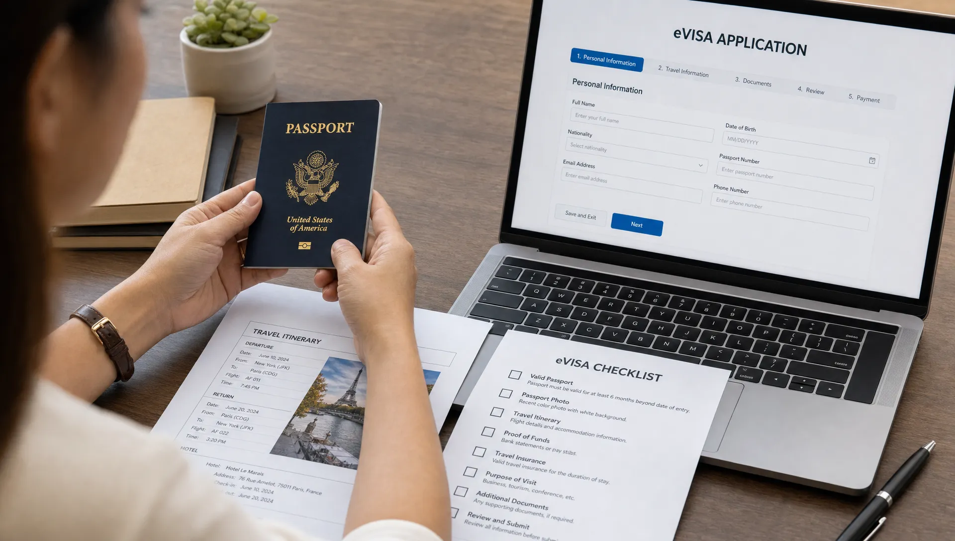 A traveler reviewing passport details, itinerary papers, and an eVisa checklist on a table before submitting an online visa request.