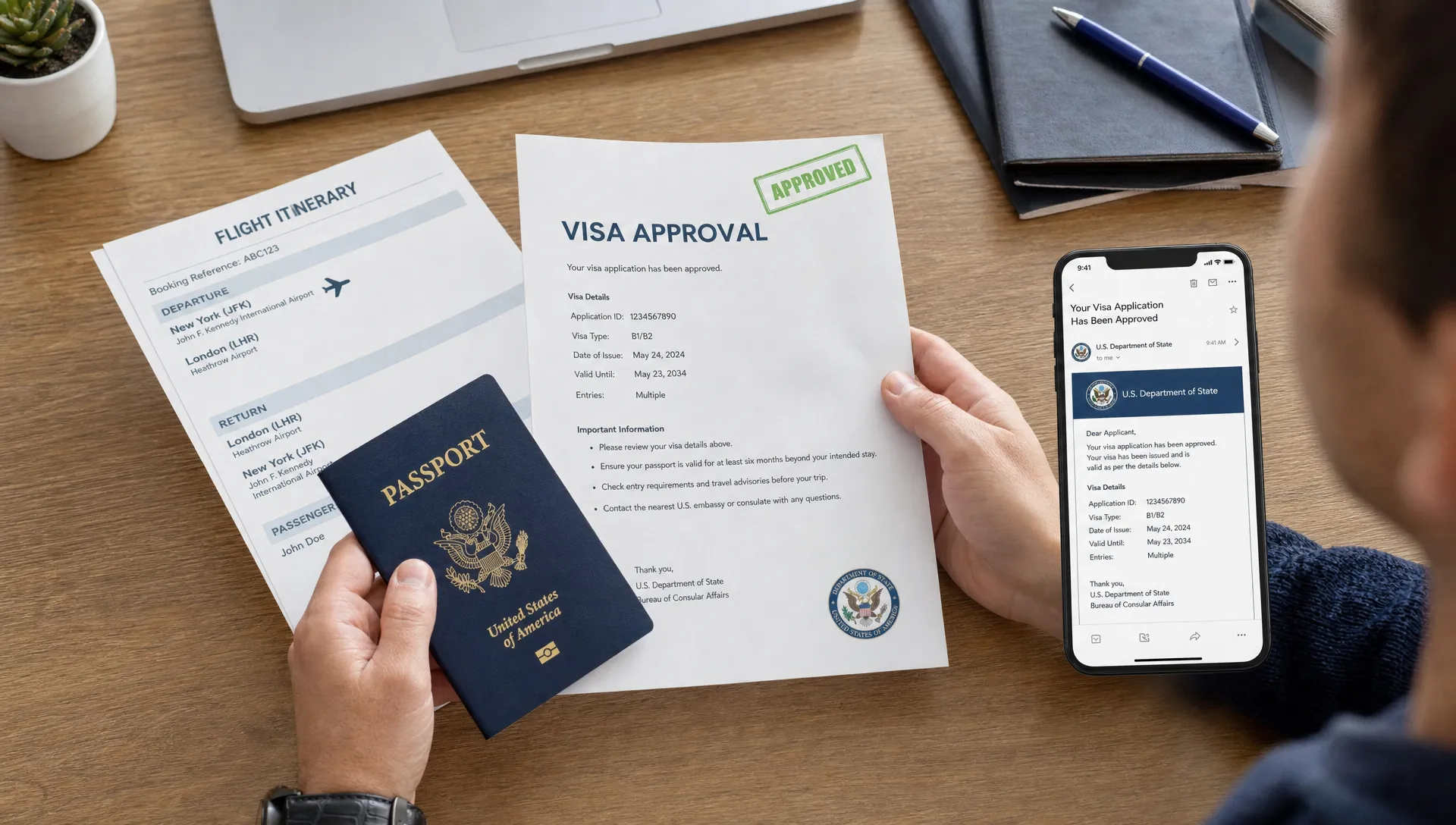 A traveler reviews passport, flight itinerary, and digital visa approval documents on a desk before an international trip, with organized travel papers and a phone showing a confirmation email.